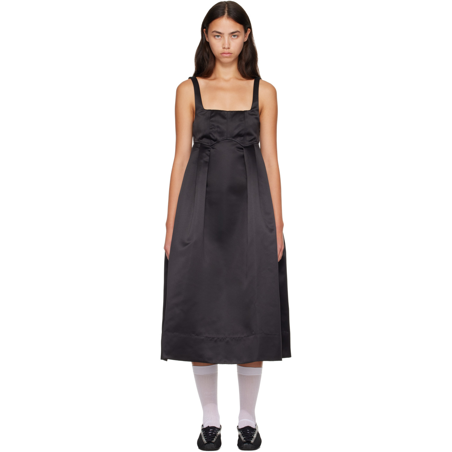 GANNI Black Duchesse Satin Corset Midi Dress
