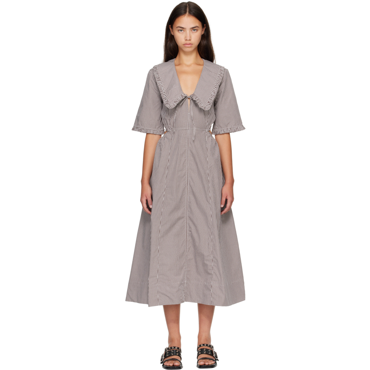 GANNI Brown & White Check Cotton Cut Out Midi Dress