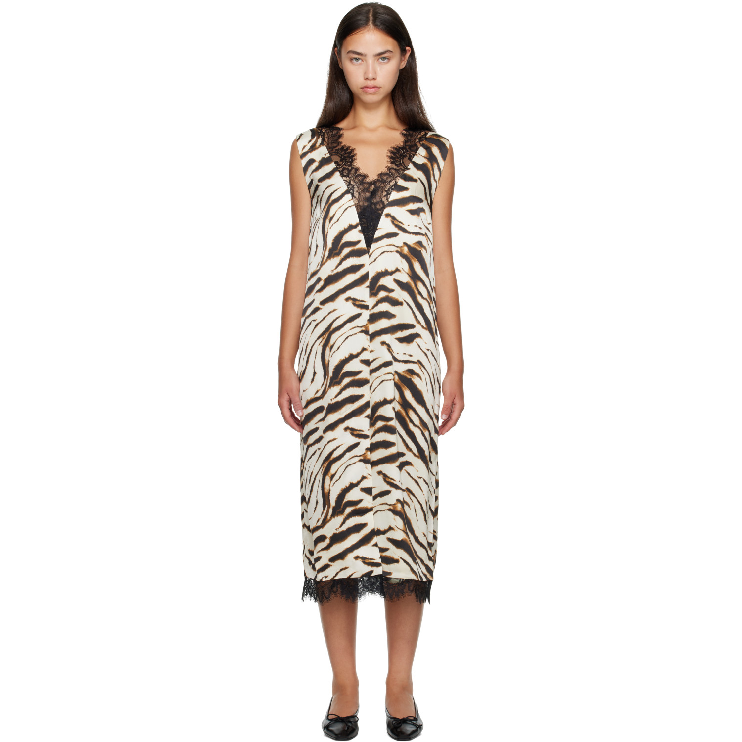 GANNI Off-White & Brown Zebra Satin Midi Dress