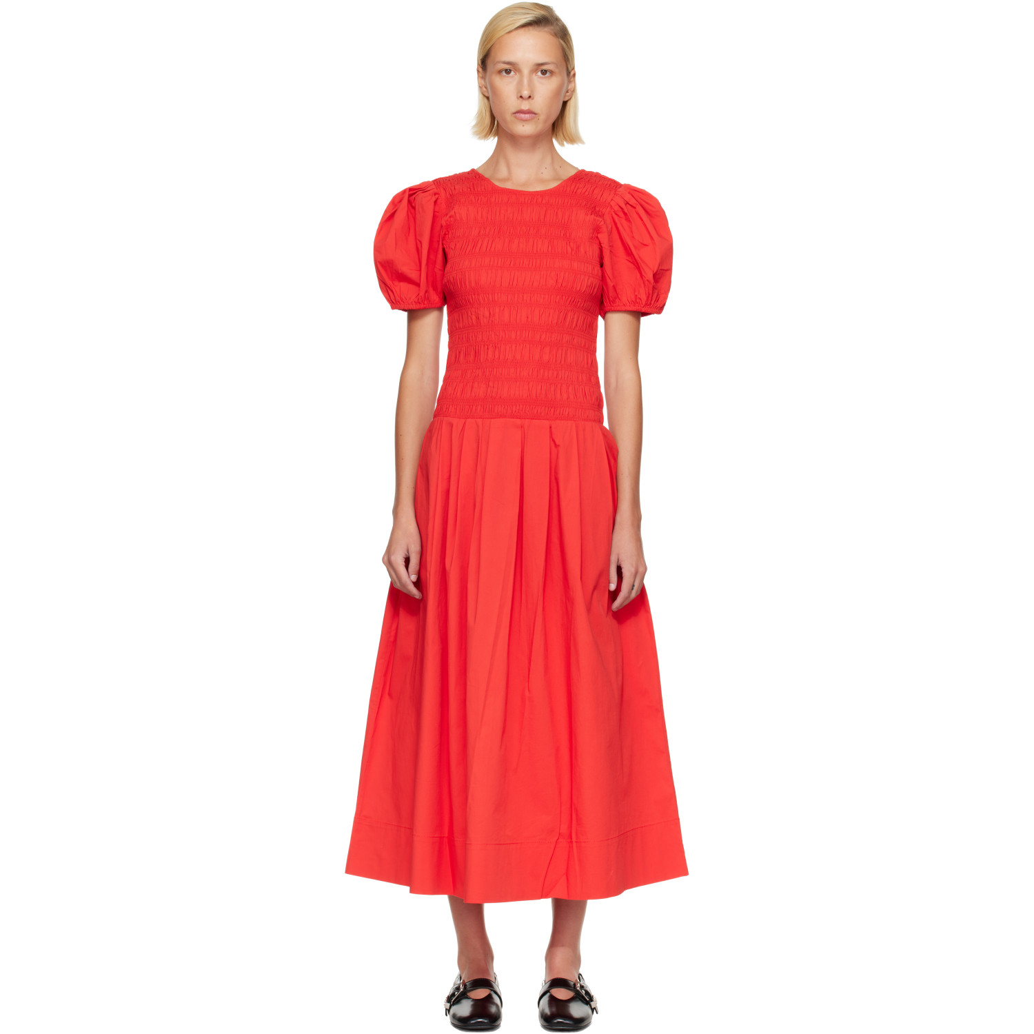 GANNI Red Smocked Cotton Midi Dress
