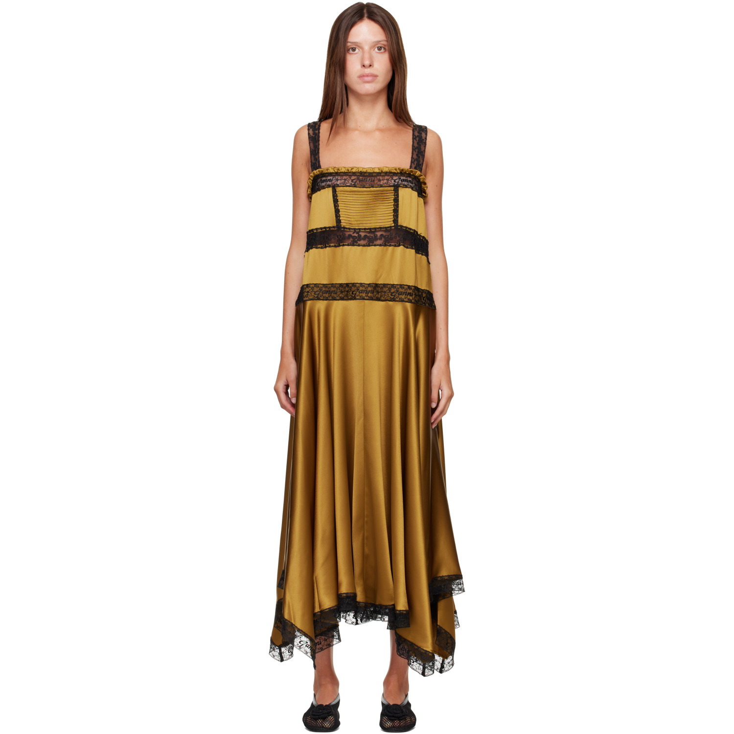 GANNI Khaki Satin Maxi Dress