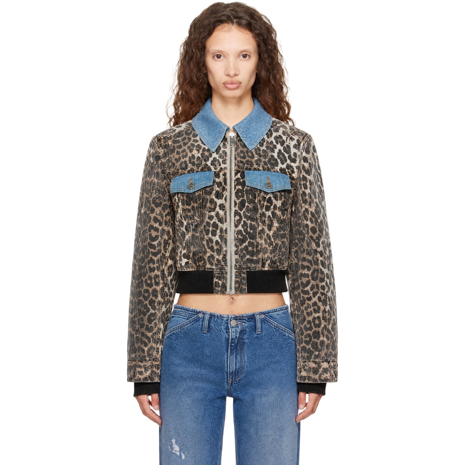 GANNI Multicolor Print Denim Small Bomber Jacket