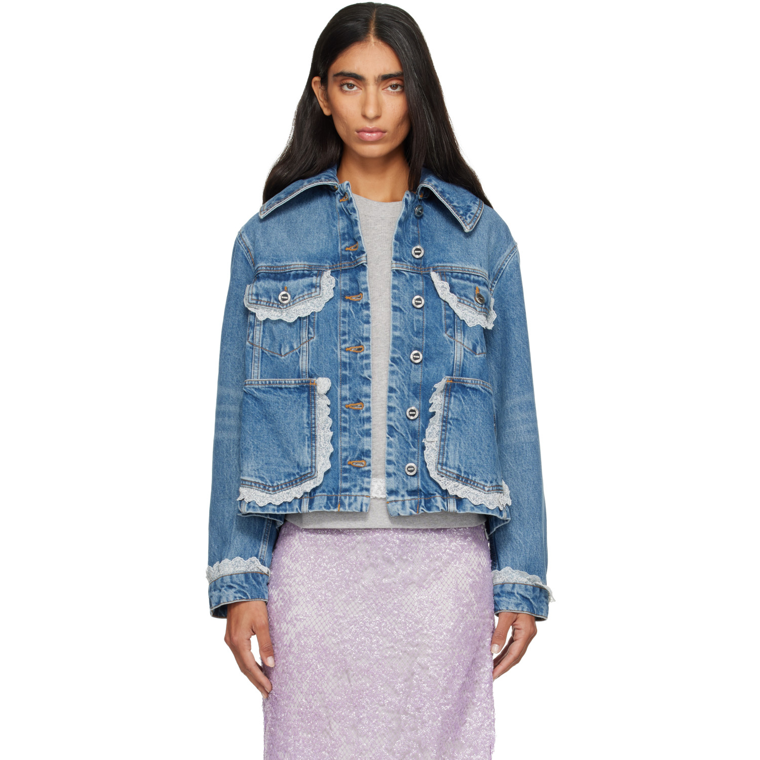 GANNI Blue Rigid Lace Denim Jacket
