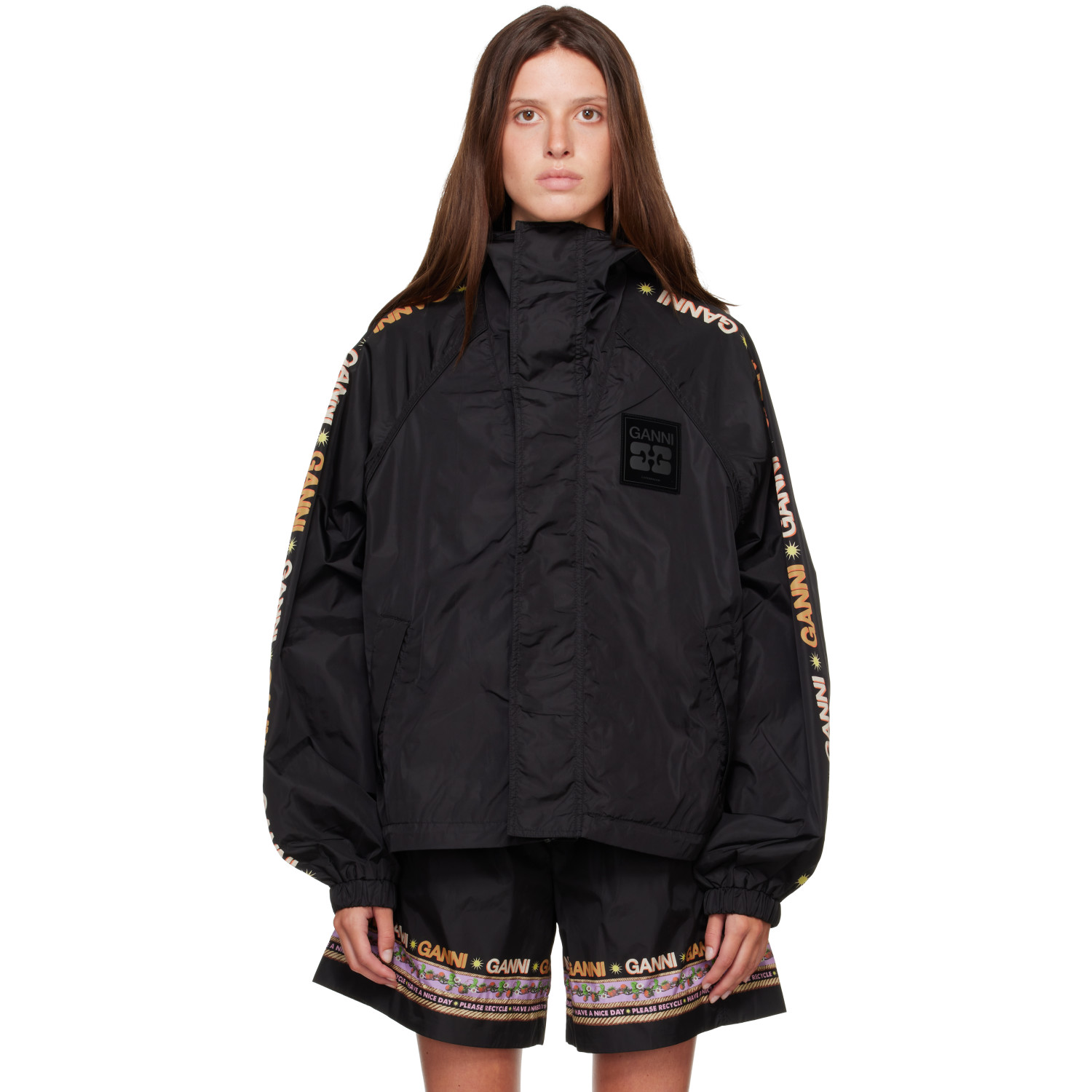 GANNI Black Placement Printed Flyweight Nylon Jacket