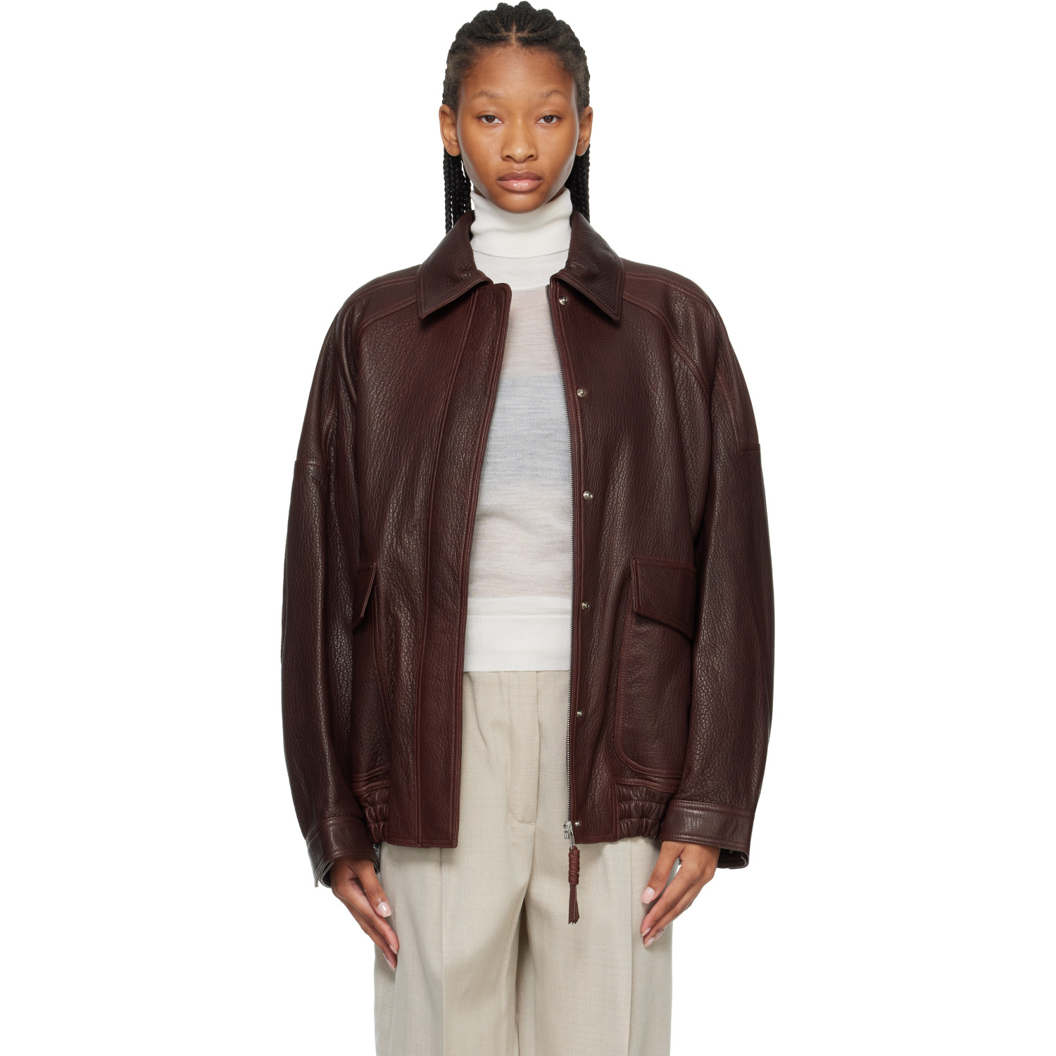 Róhe Brown Grain Leather Aviator Jacket