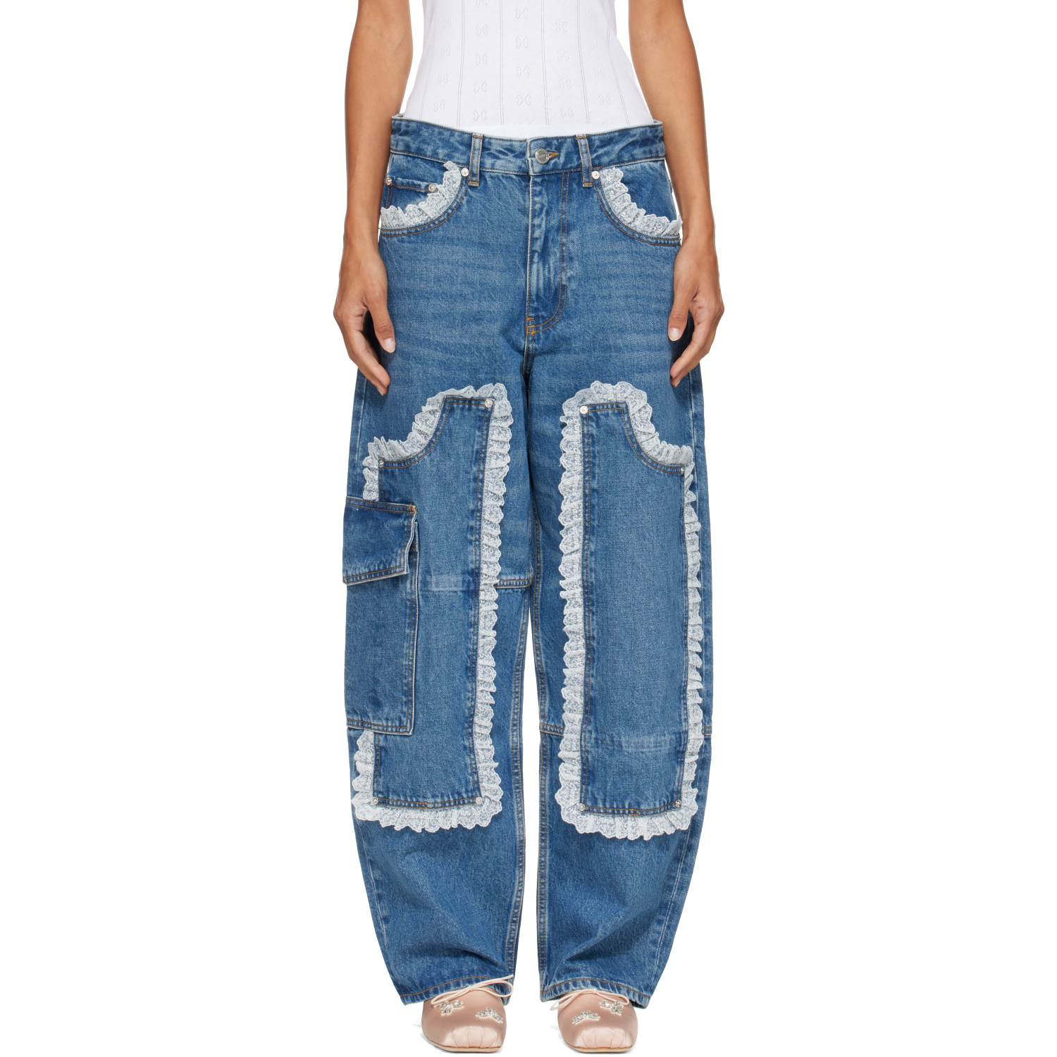 GANNI Blue Audri Lace Cargo Jeans