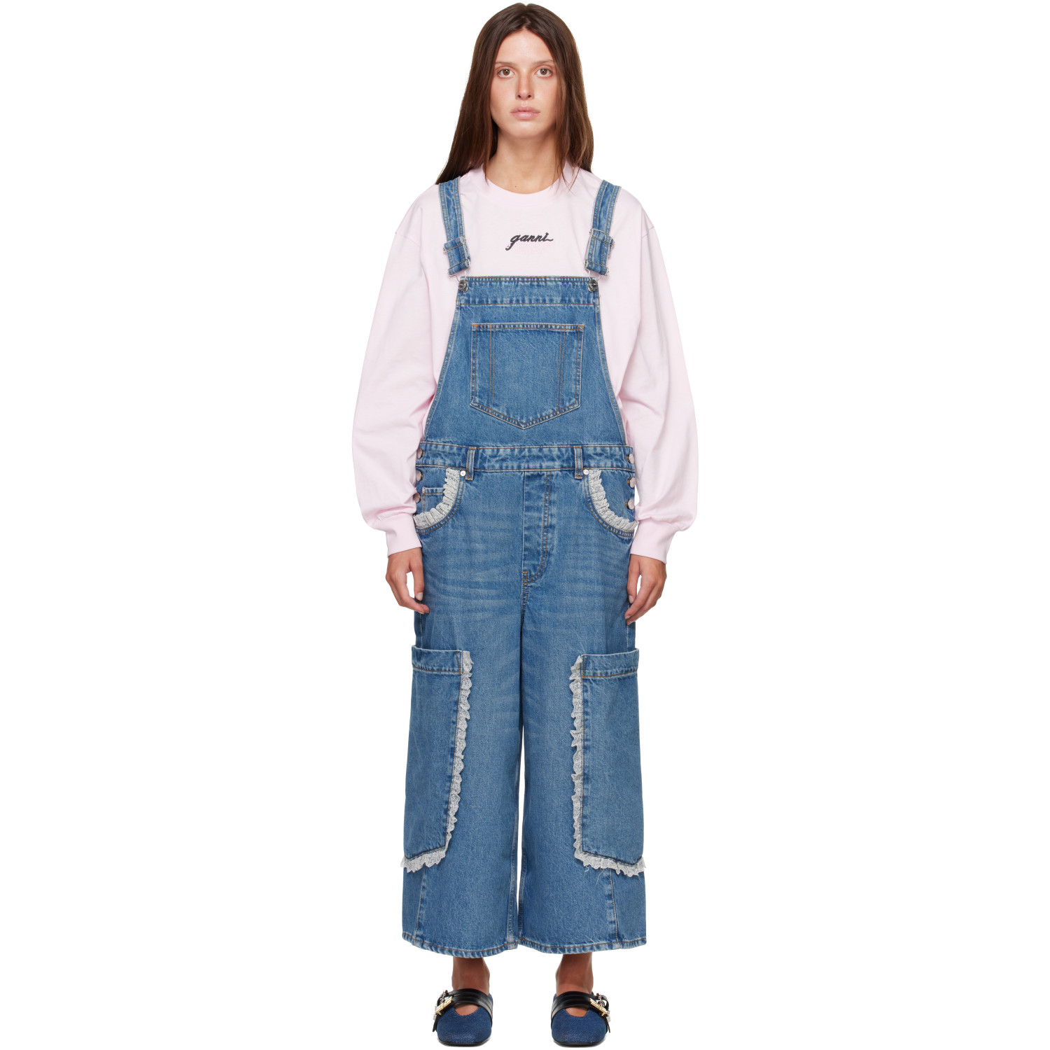 GANNI Blue Cropped Lace Rigid Denim Overalls