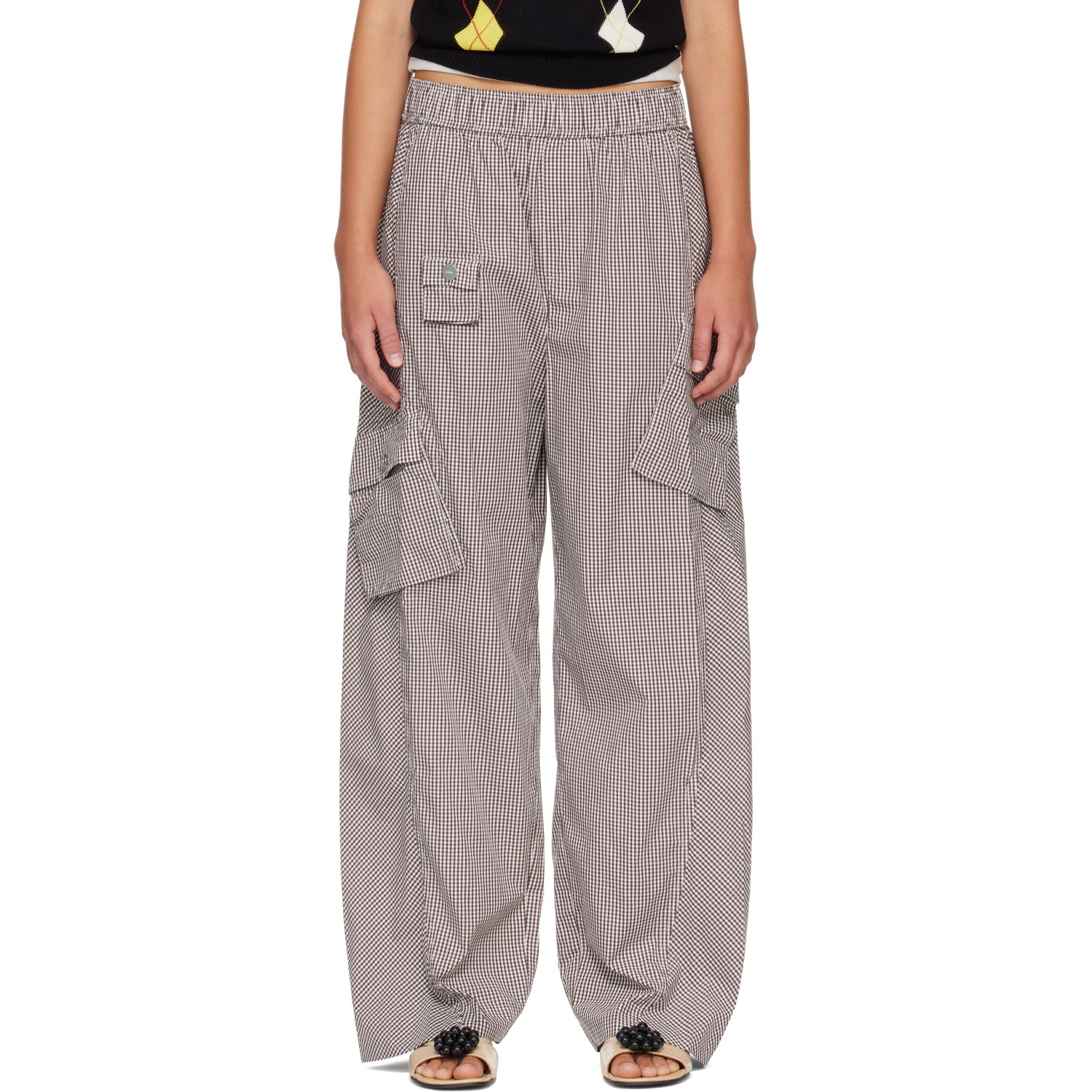 GANNI Brown & White Check Cotton Cargo Pants