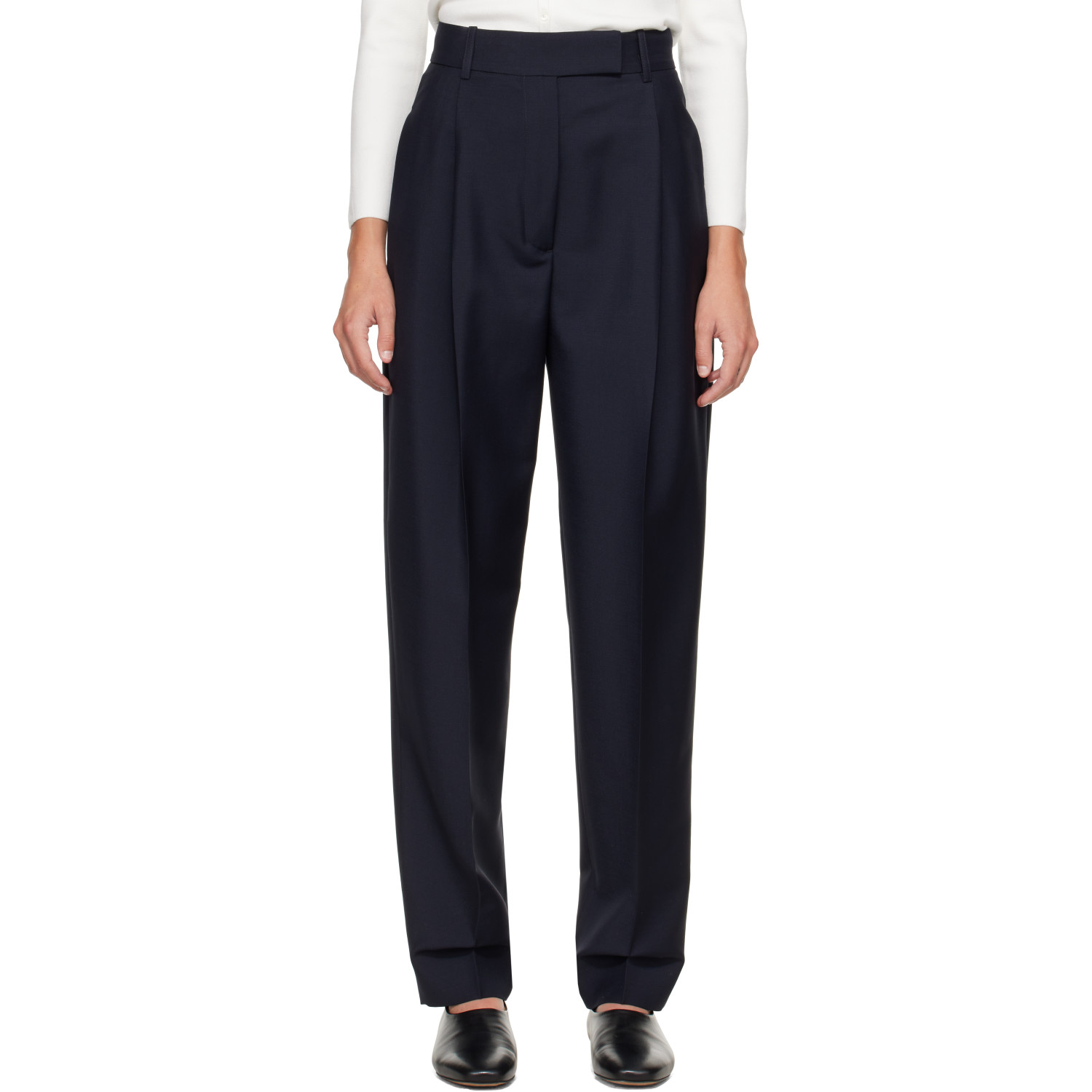 Róhe Navy Daria Single Pleat Tapered Trousers