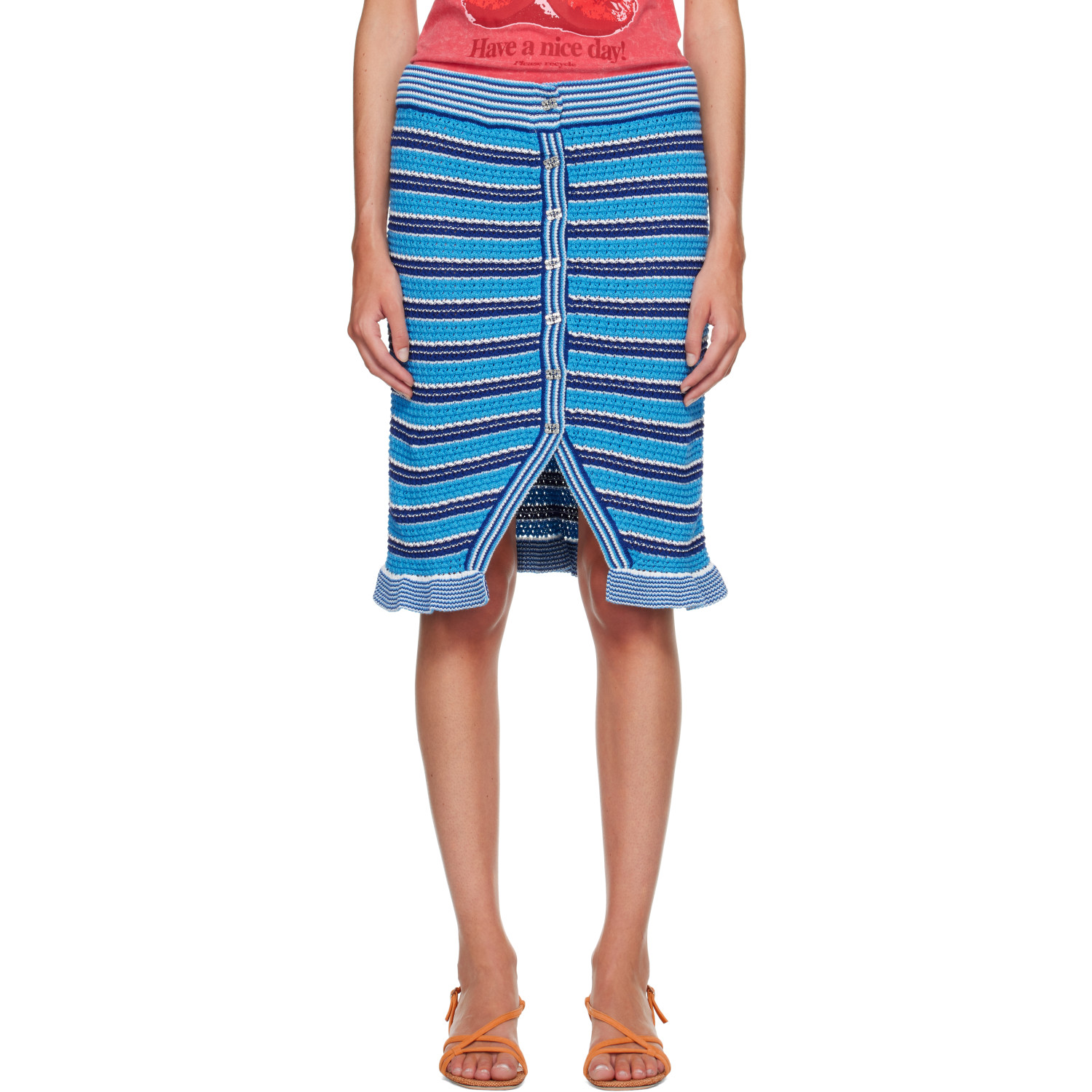 GANNI Navy Cotton Pointelle Stripe Midi Skirt