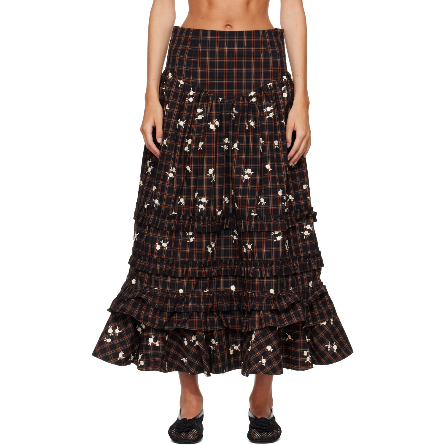 GANNI Brown Yarn Dyed Check Long Tiered Frill Maxi Skirt