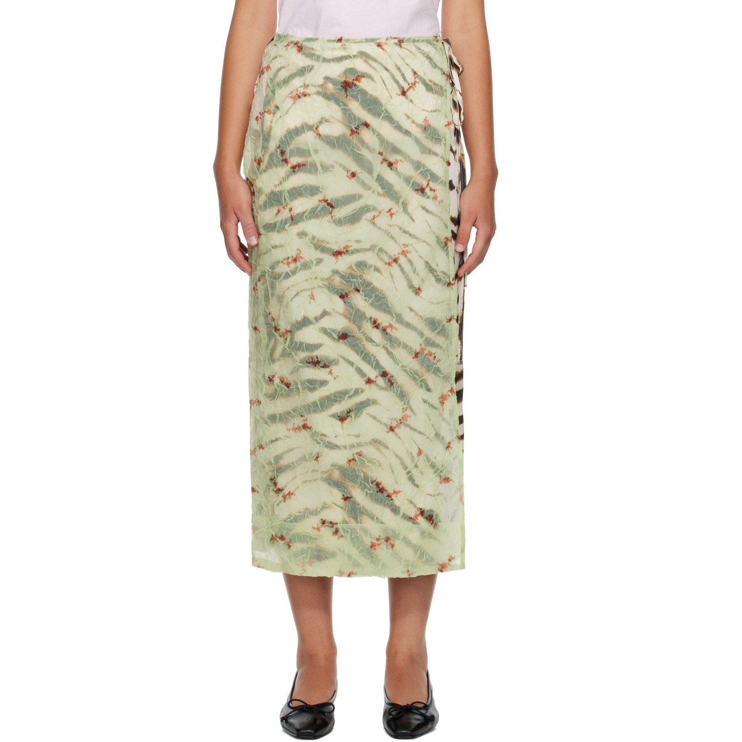 GANNI Off-White & Green Shibori Organza Printed Stretch Satin Maxi Skirt