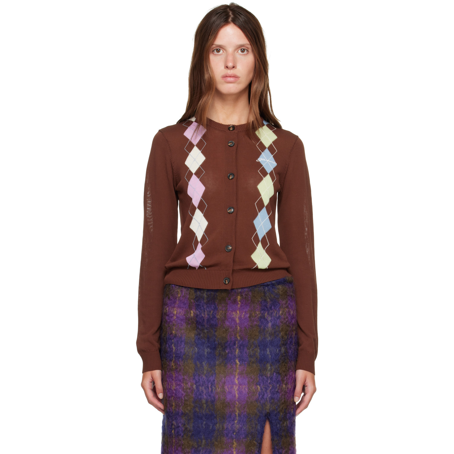 GANNI Brown Argyle Cardigan