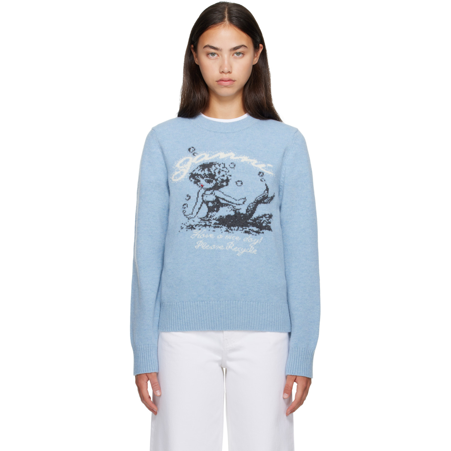 GANNI Blue Mermaid Graphic Wool Sweater