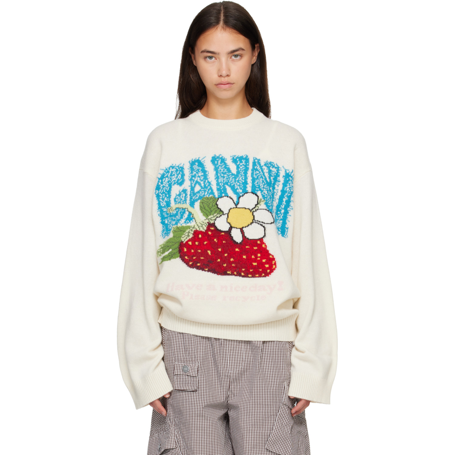 GANNI Off-White Oversized Strawberry Sweater