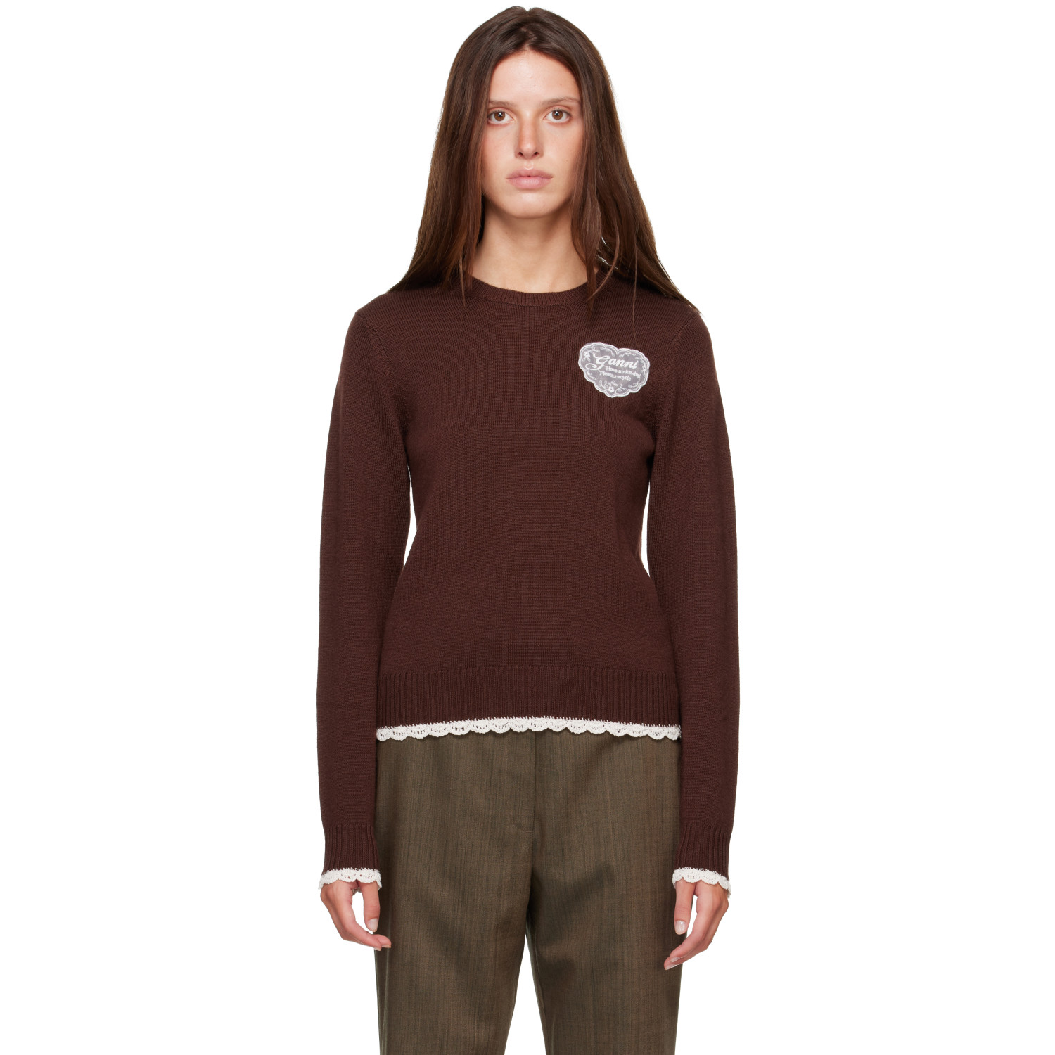 GANNI Brown Crewneck Wool Sweater