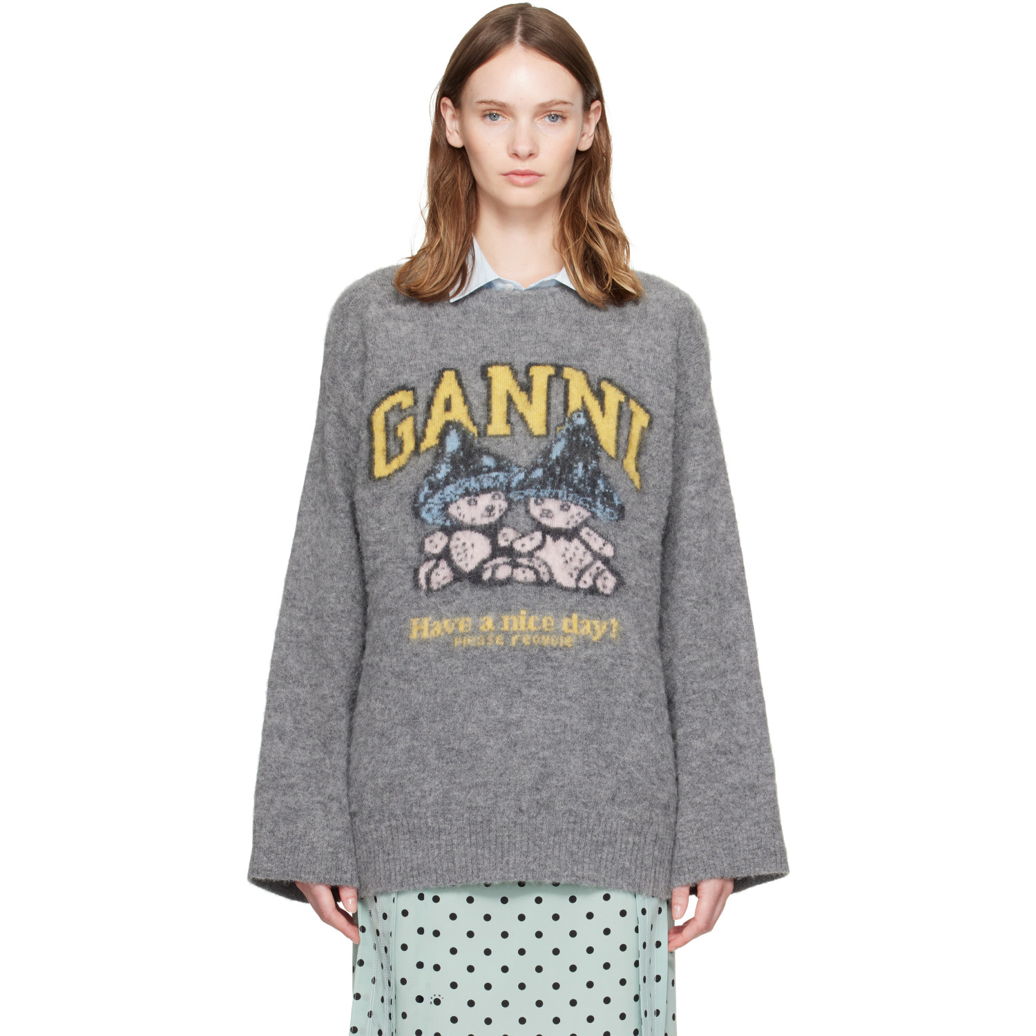 GANNI Gray Brushed Alpaca Mushroom Teddy Oversized Sweater