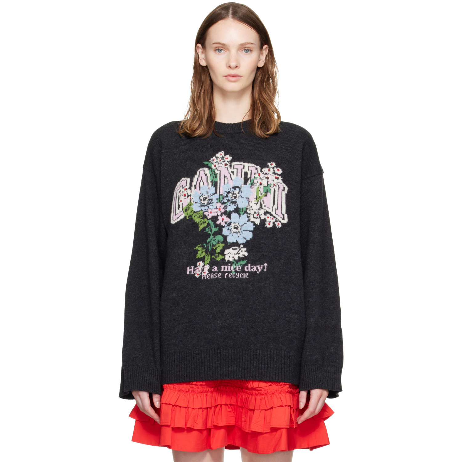 GANNI Black Wool Flowers Oversized Sweater