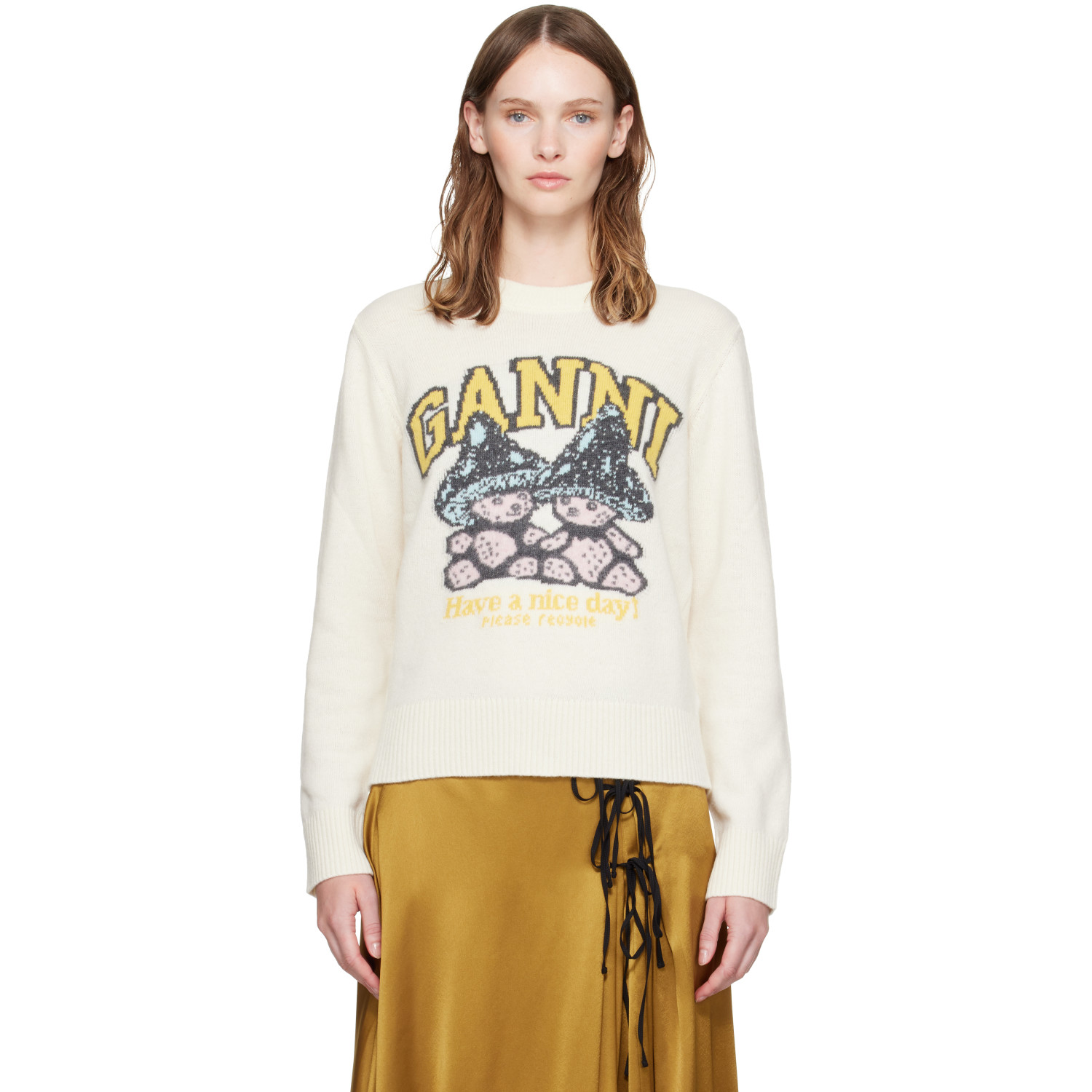 GANNI Off-White Teddy Mushroom Wool Sweater
