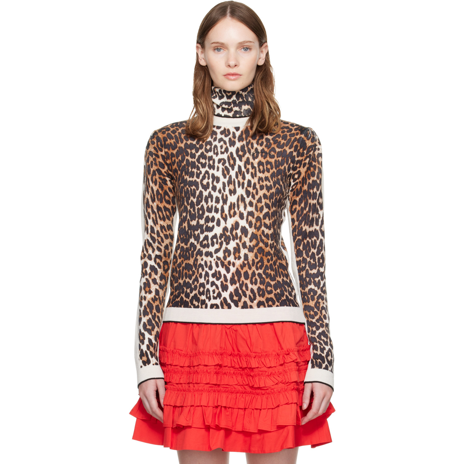 GANNI Beige Printed Merino Turtleneck