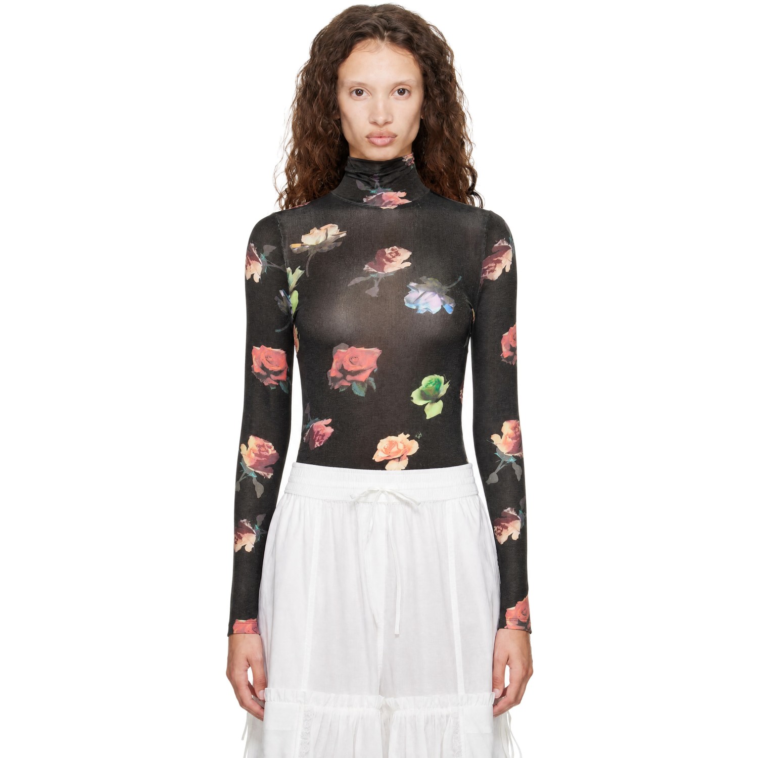 GANNI Black Printed Jersey Turtleneck