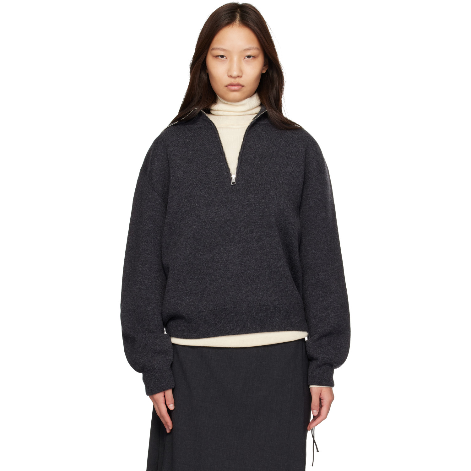 Róhe Gray Reversible Zipped Turtleneck Sweater