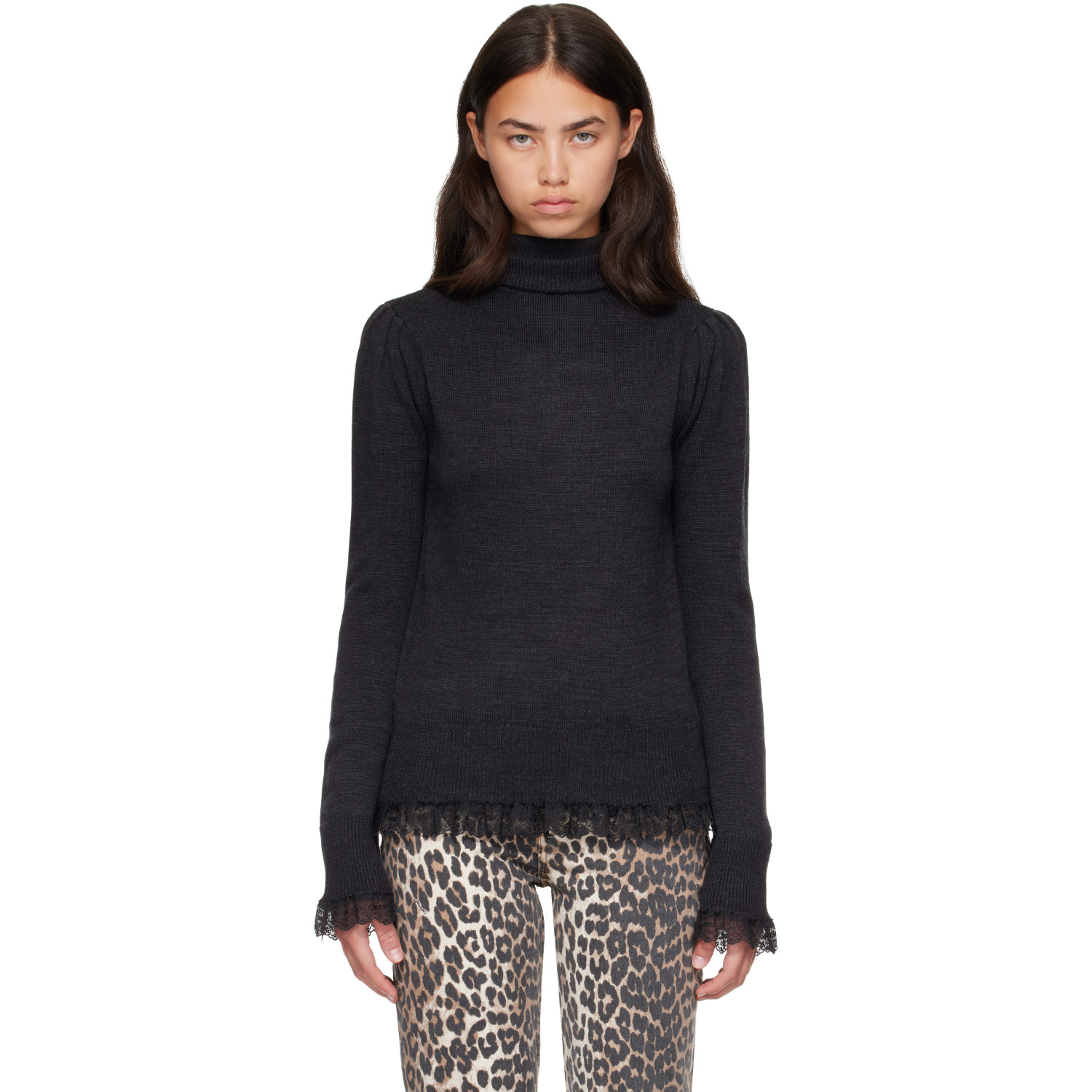 GANNI Gray Lace Merino Turtleneck