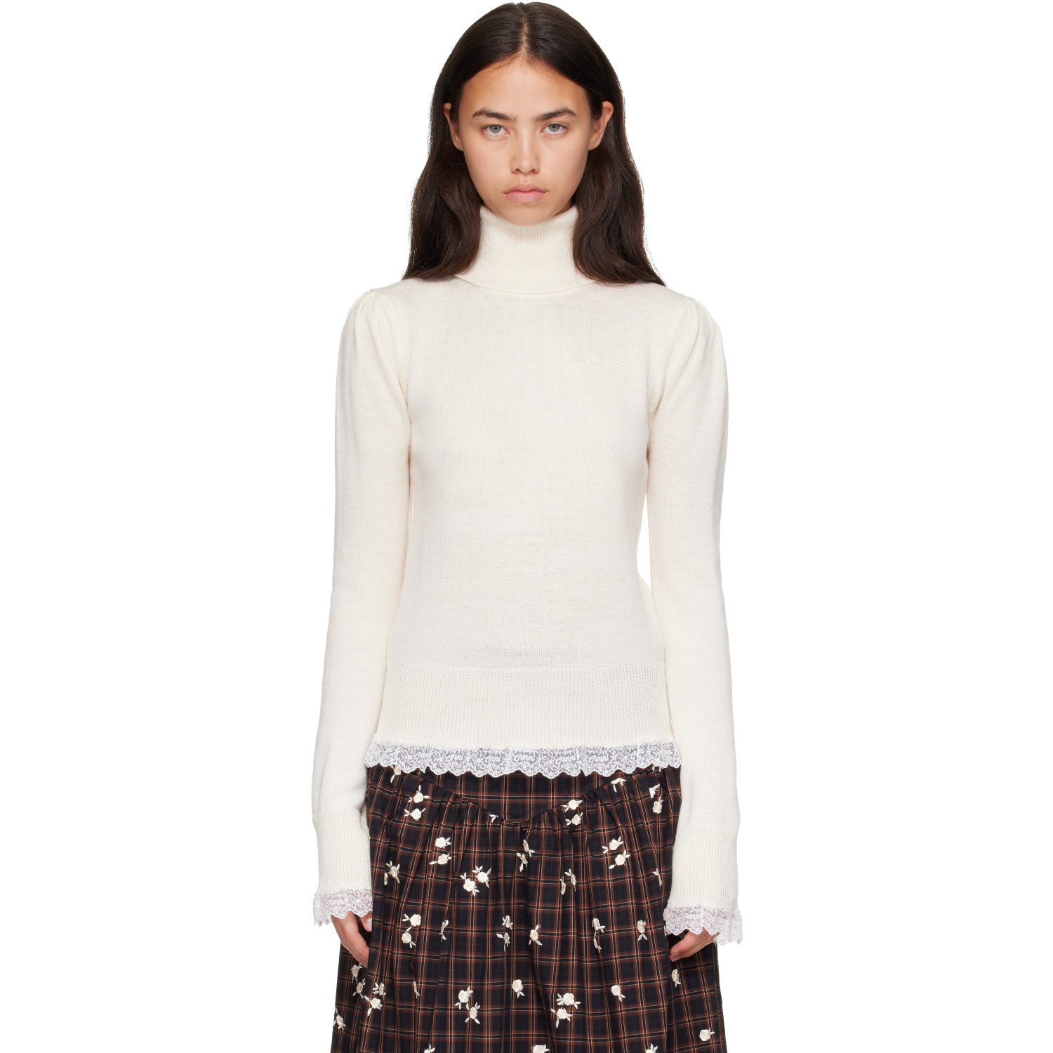 GANNI Off-White Lace Merino Turtleneck