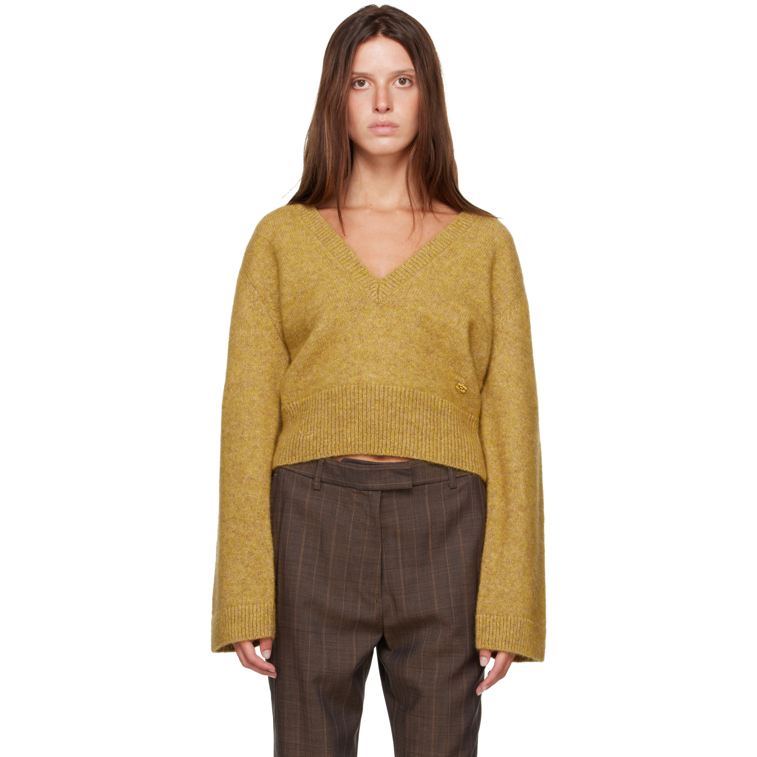 GANNI Yellow Melange Mohair Deep V-Neck Sweater