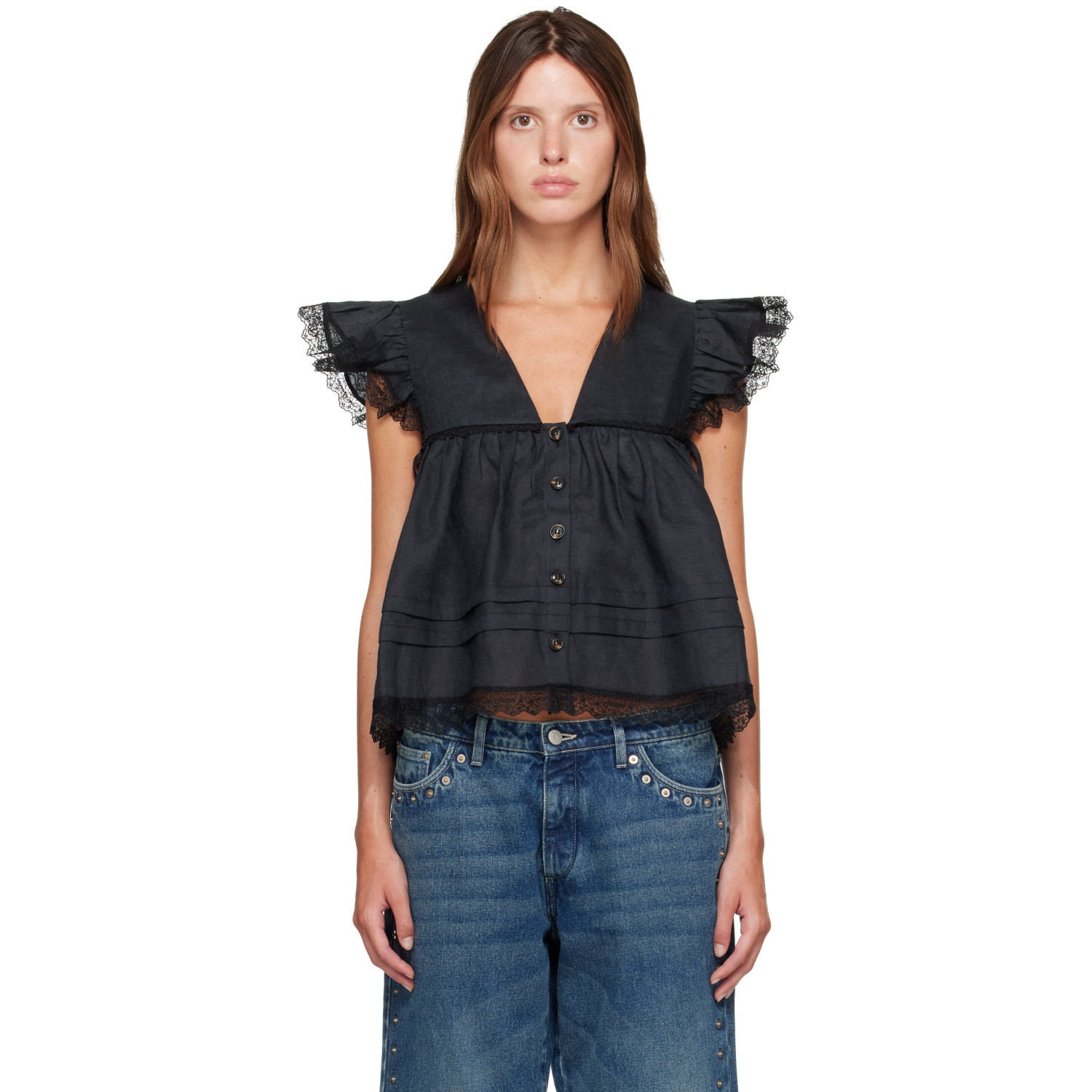 GANNI Black Linen Blouse