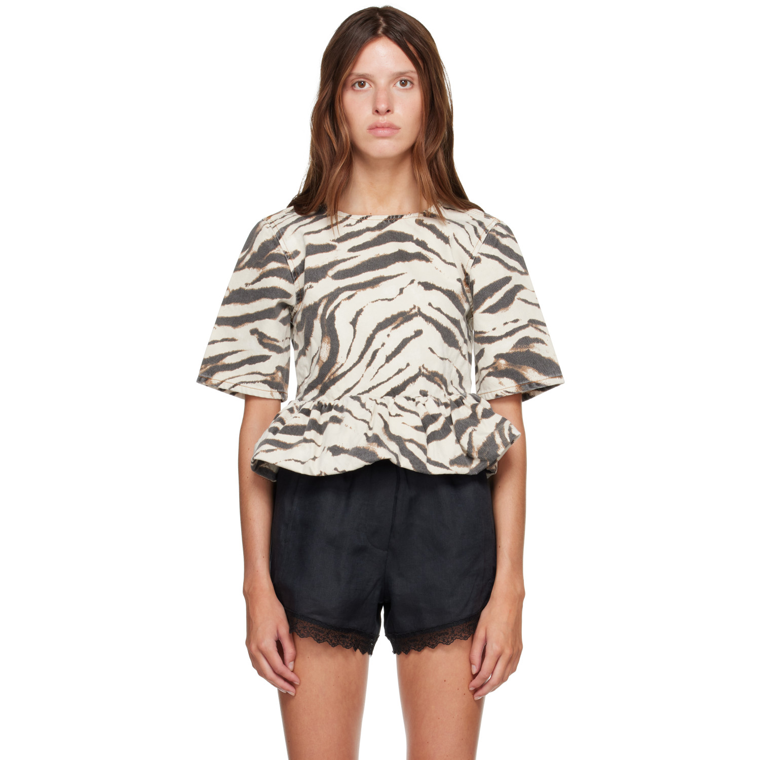 GANNI Off-White & Brown Zebra Denim Blouse