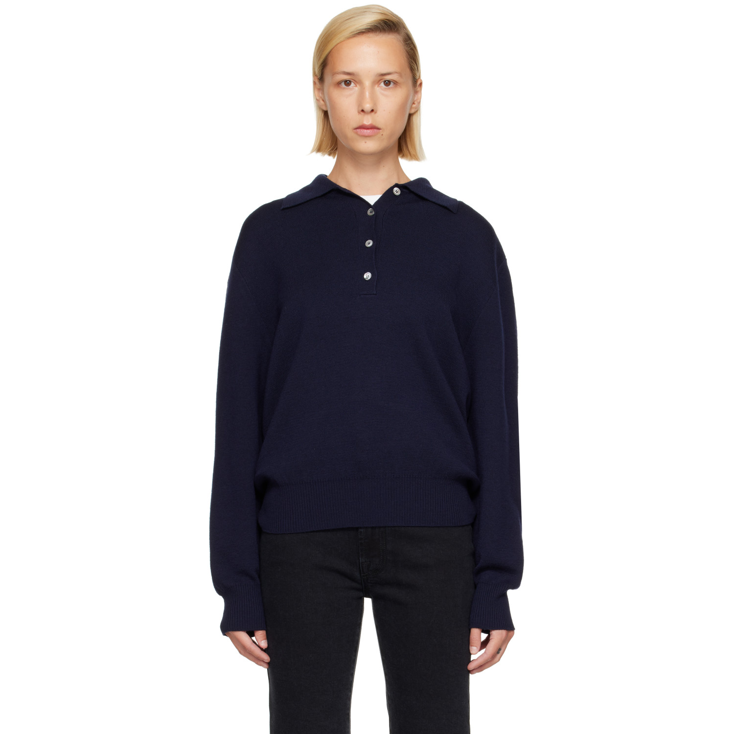 Róhe Navy Merino Wool Polo