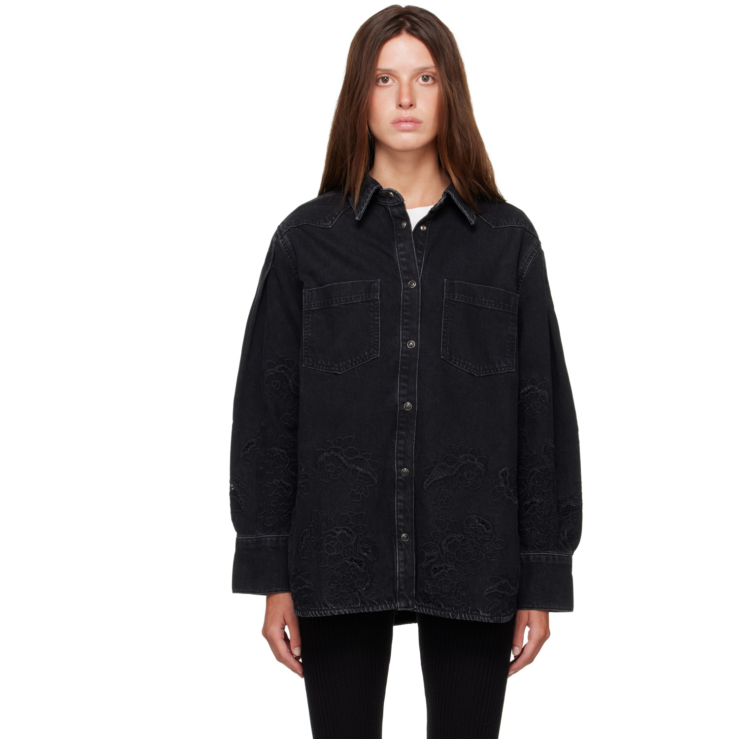GANNI Black Broderie Anglaise Denim Shirt
