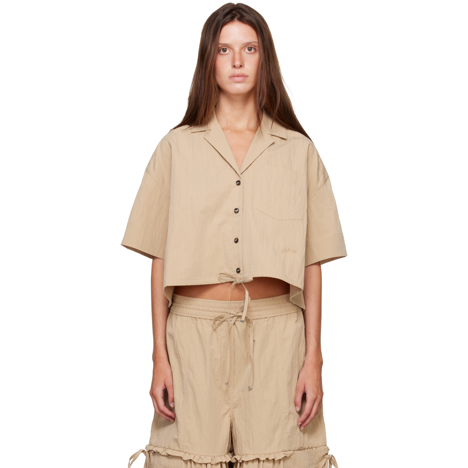 GANNI Beige Washed Cotton Cropped Bowling Shirt