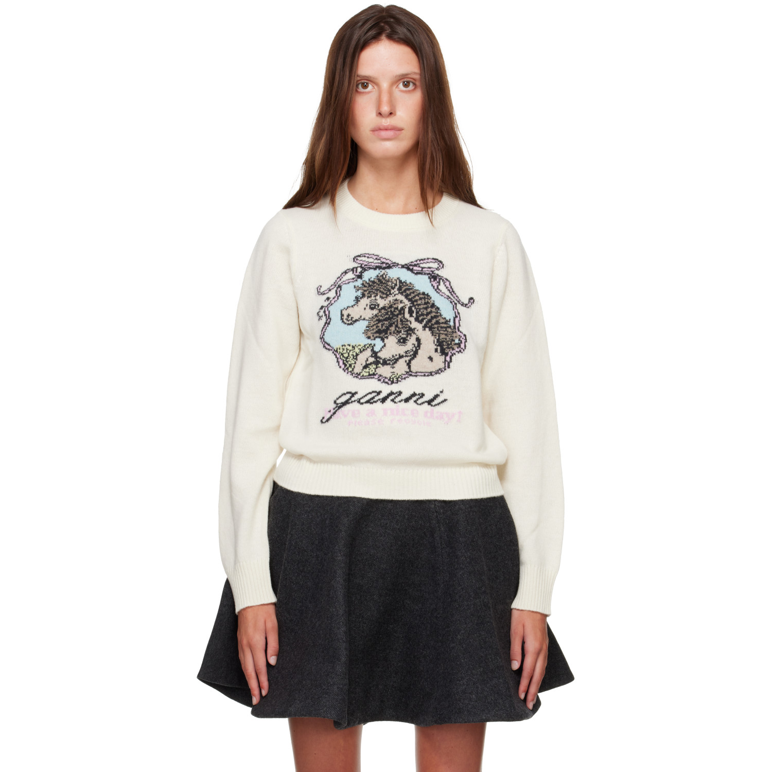 GANNI Off-White Graphic Wool Horse Sweater