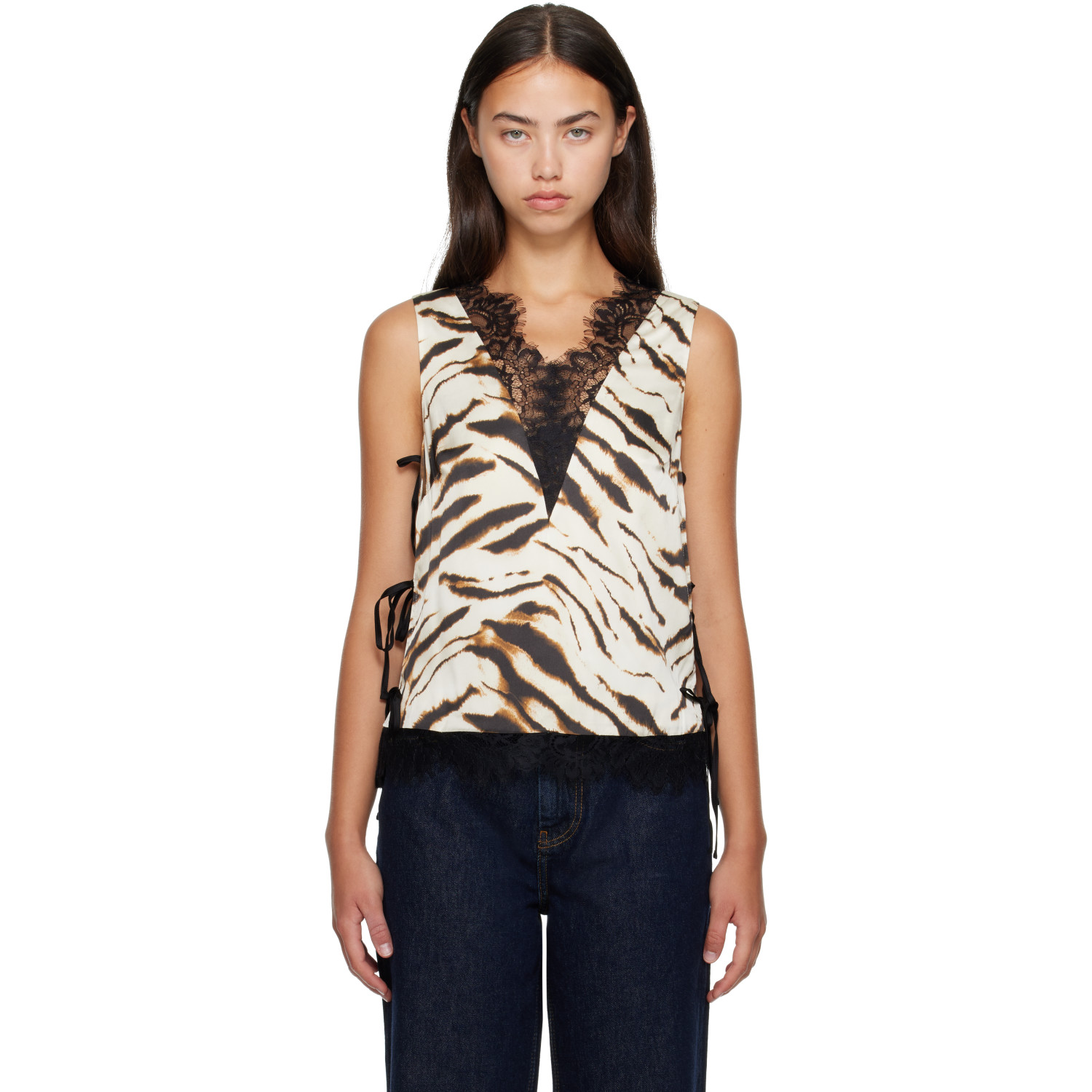 GANNI Off-White & Brown Printed Satin Top