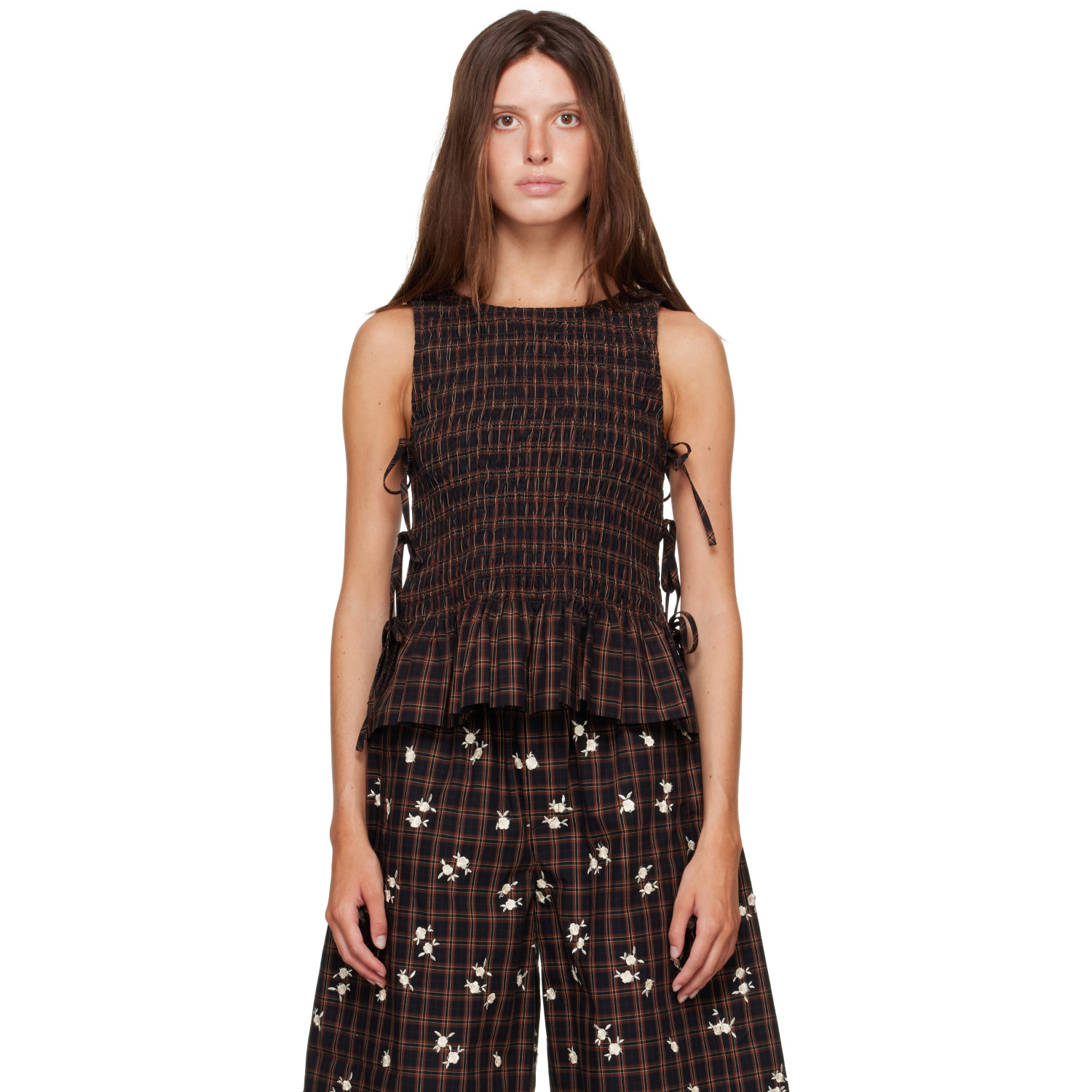 GANNI Brown Yarn Dyed Check Smocked Tie String Top