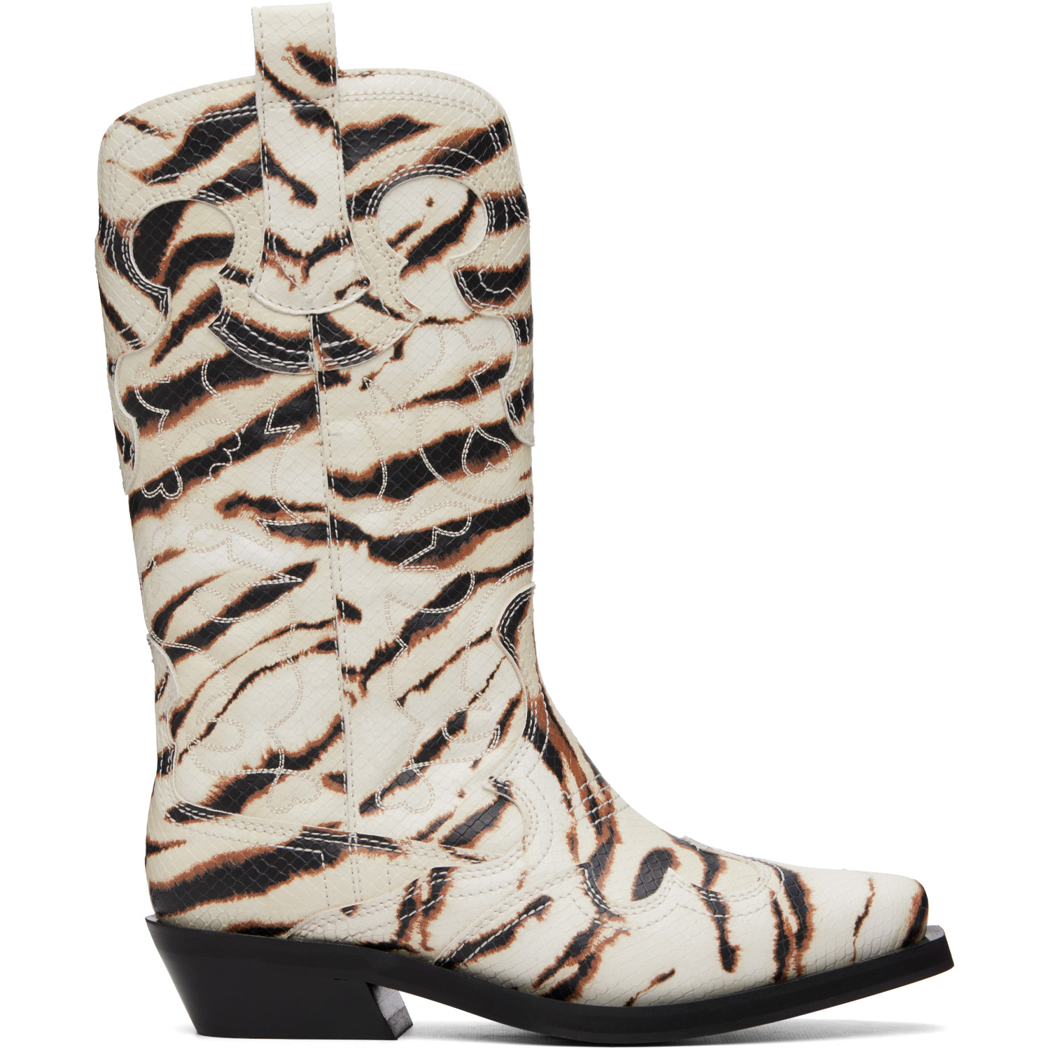 GANNI Off-White Mid Shaft Embroidered Western Boots