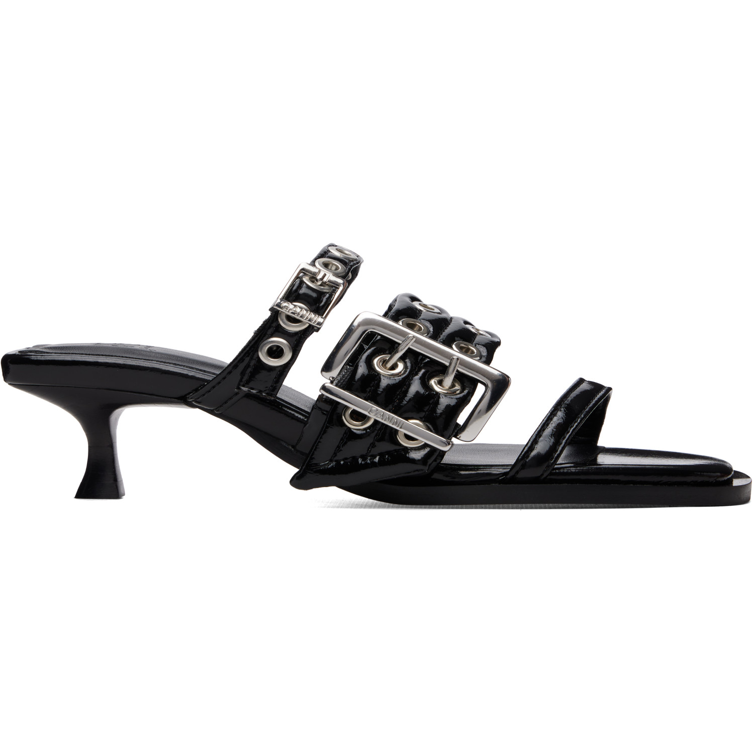 GANNI Black Buckle Strap Mule Heeled Sandals