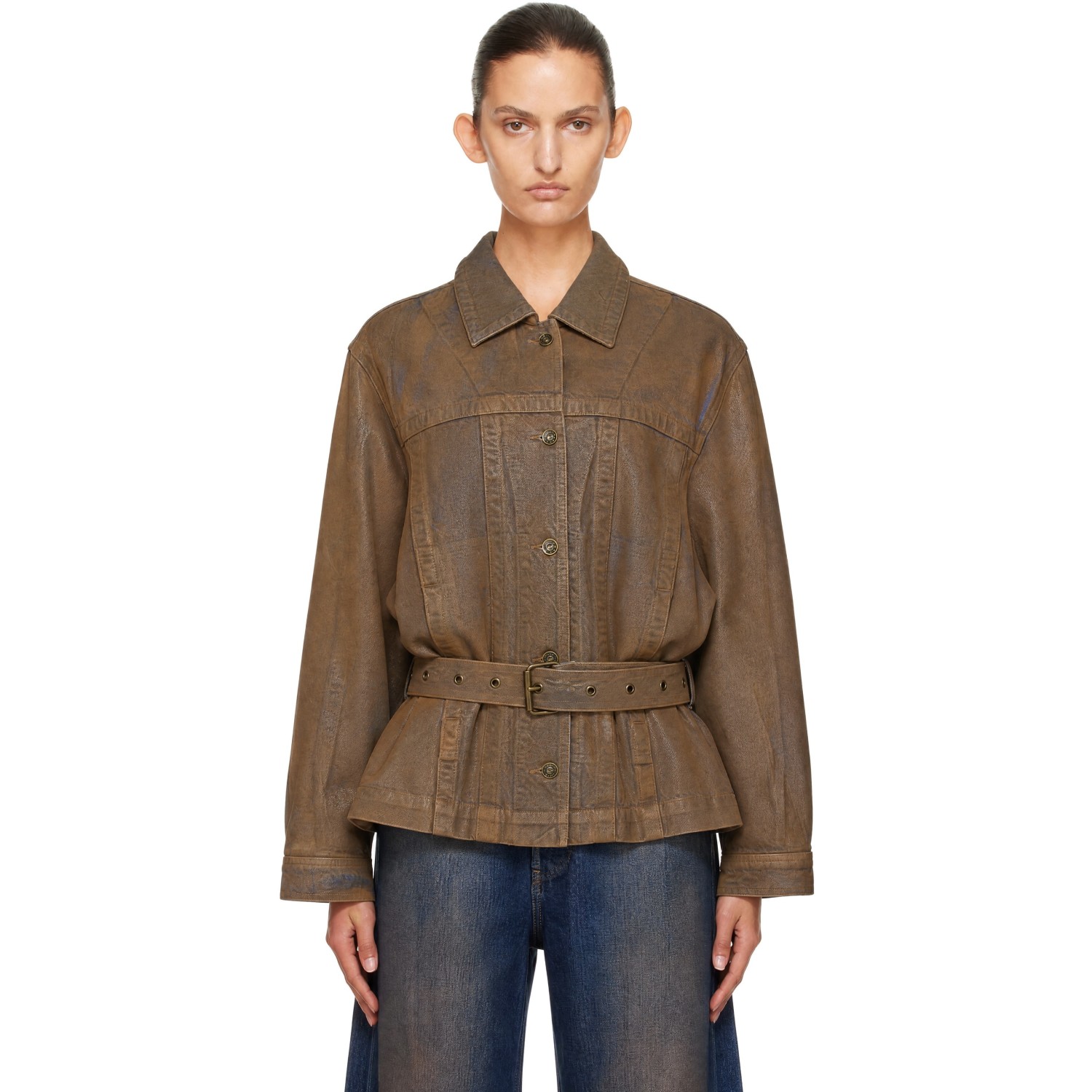 KNWLS Brown Oversized Gloss Coated Denim Jacket