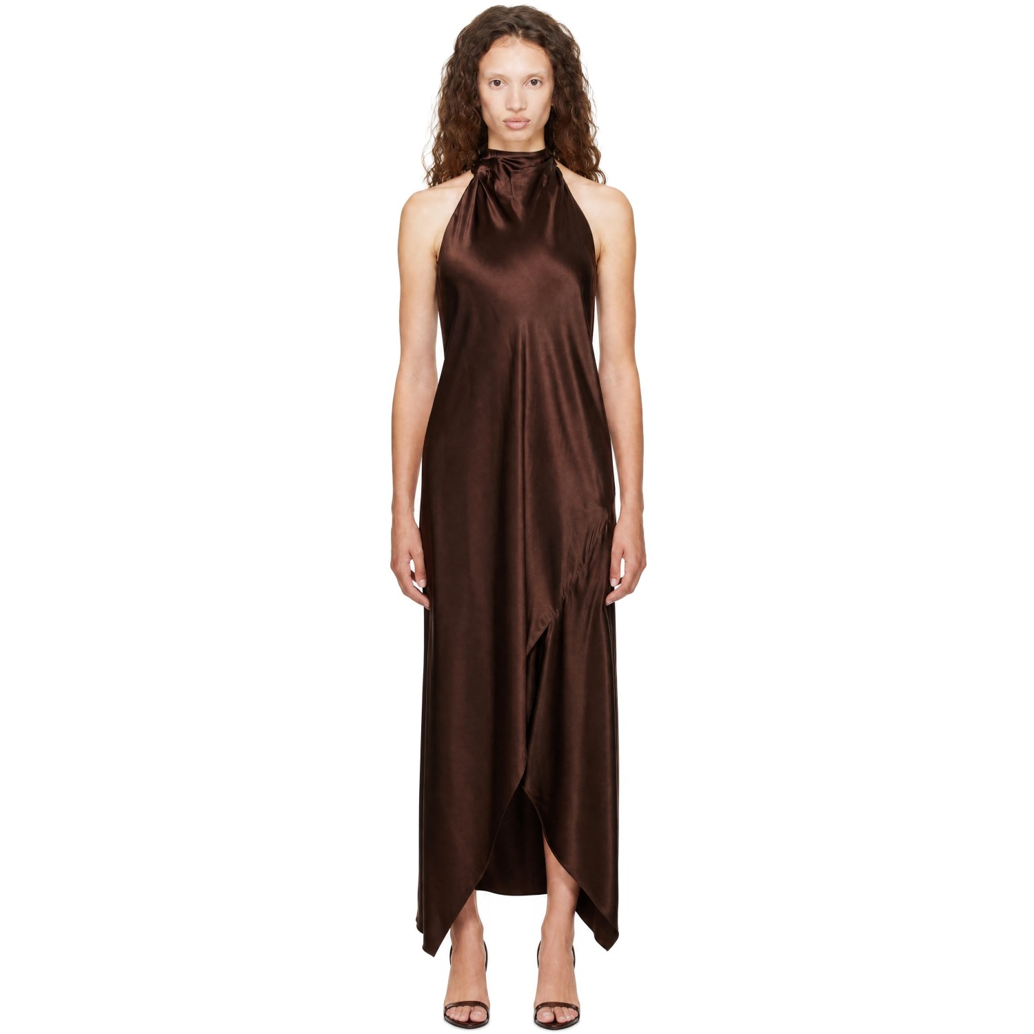 Helmut Lang Brown Silk Tie Scarf Midi Dress
