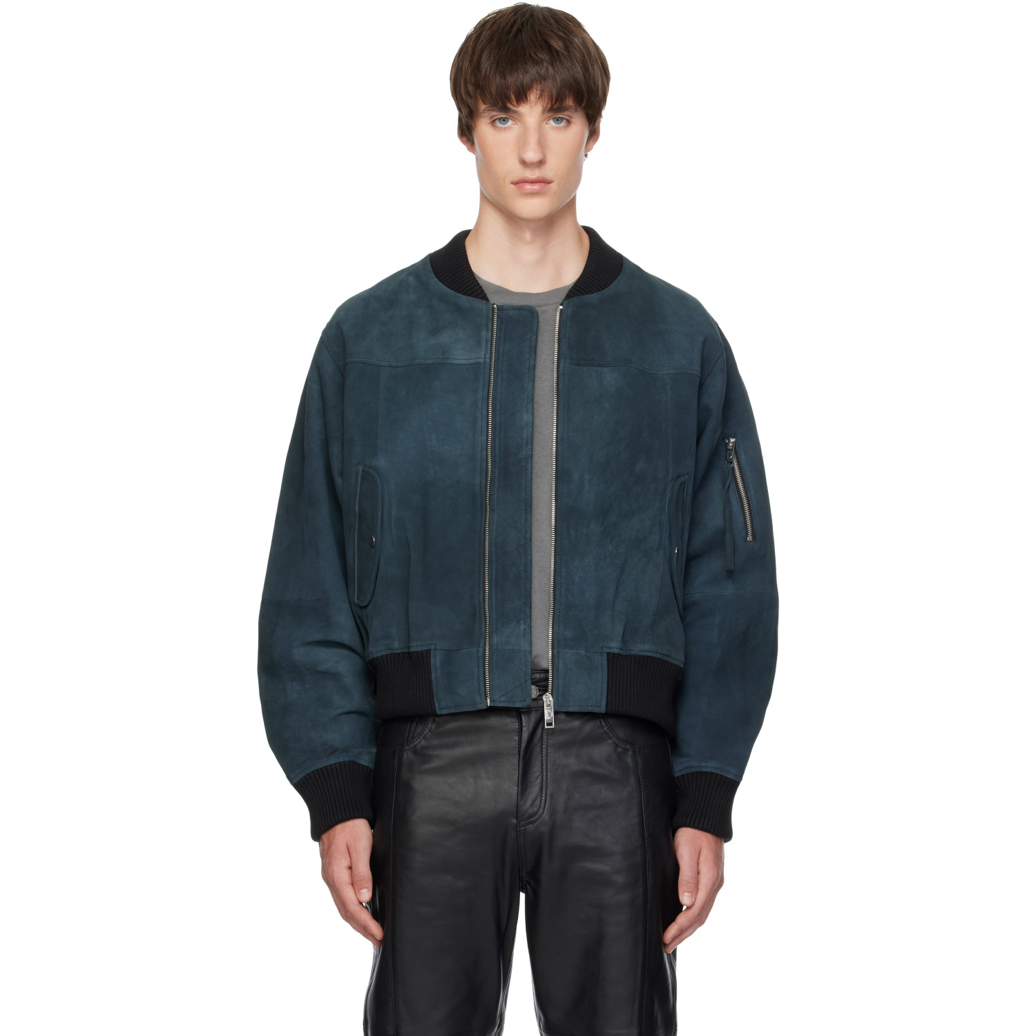 Deadwood Navy Bofinger Dark Panel Suede Bomber Jacket