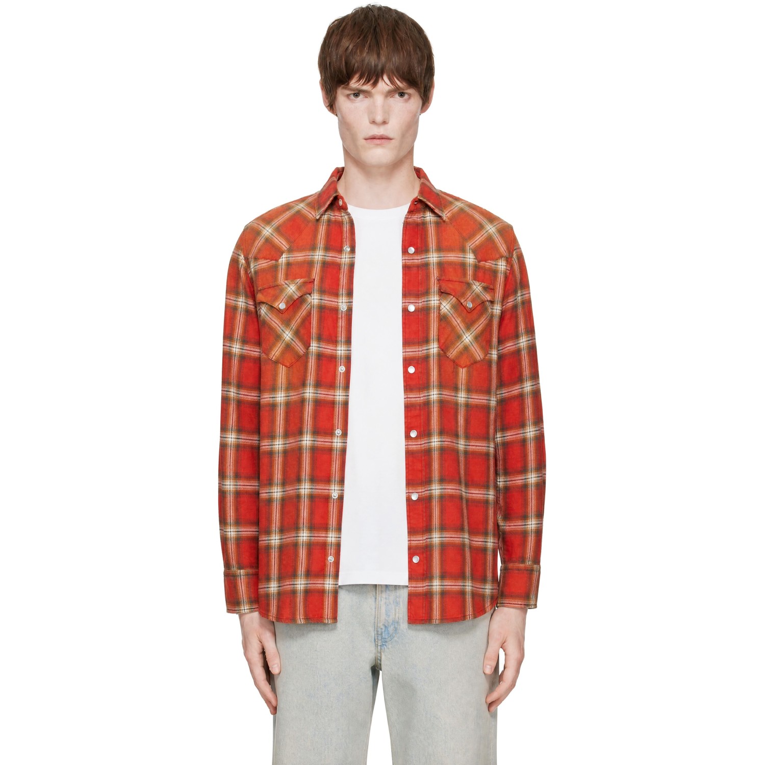 Carter Young Orange Washed Flannel Western Shirt