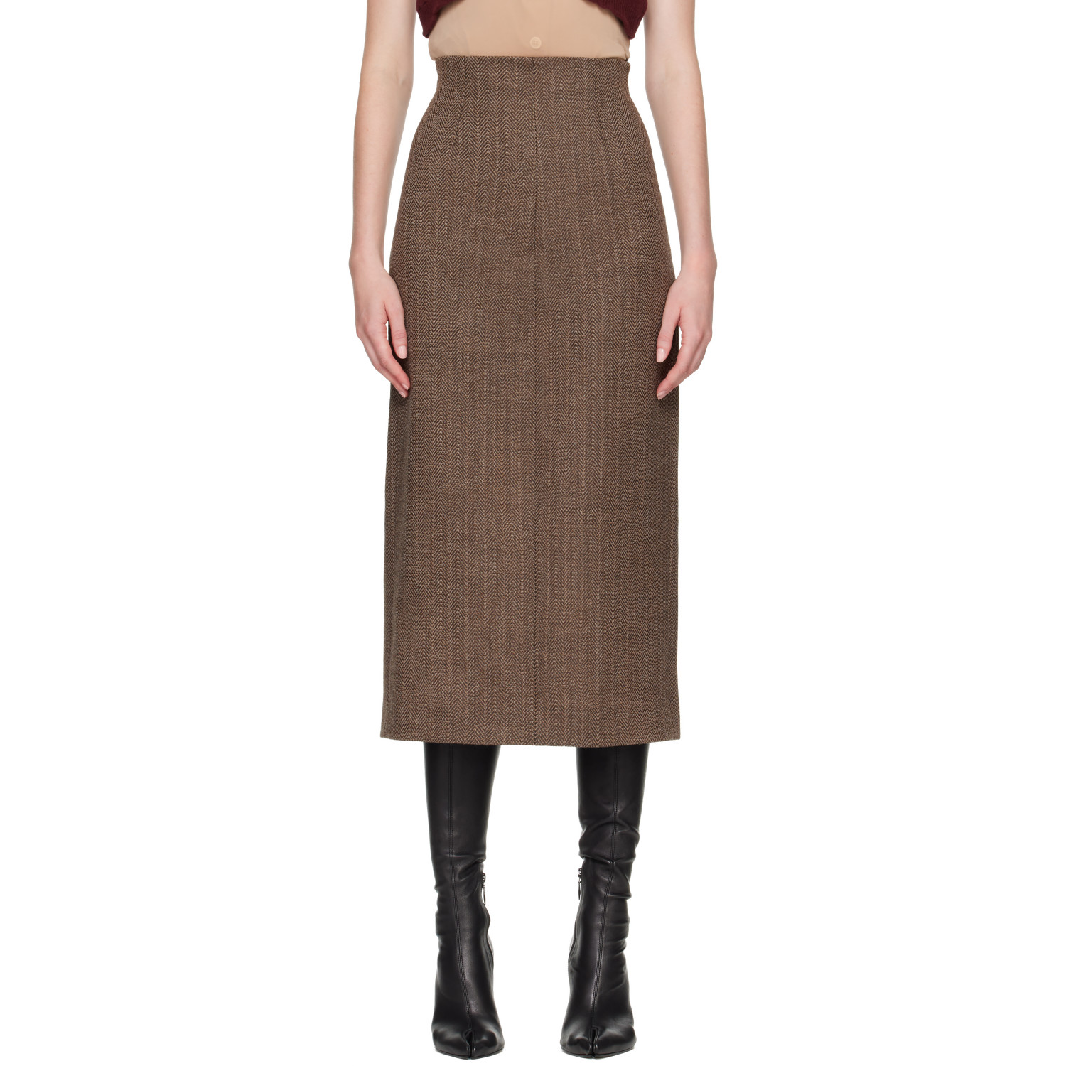 Maison Margiela Brown Herringbone Virgin Wool Midi Skirt