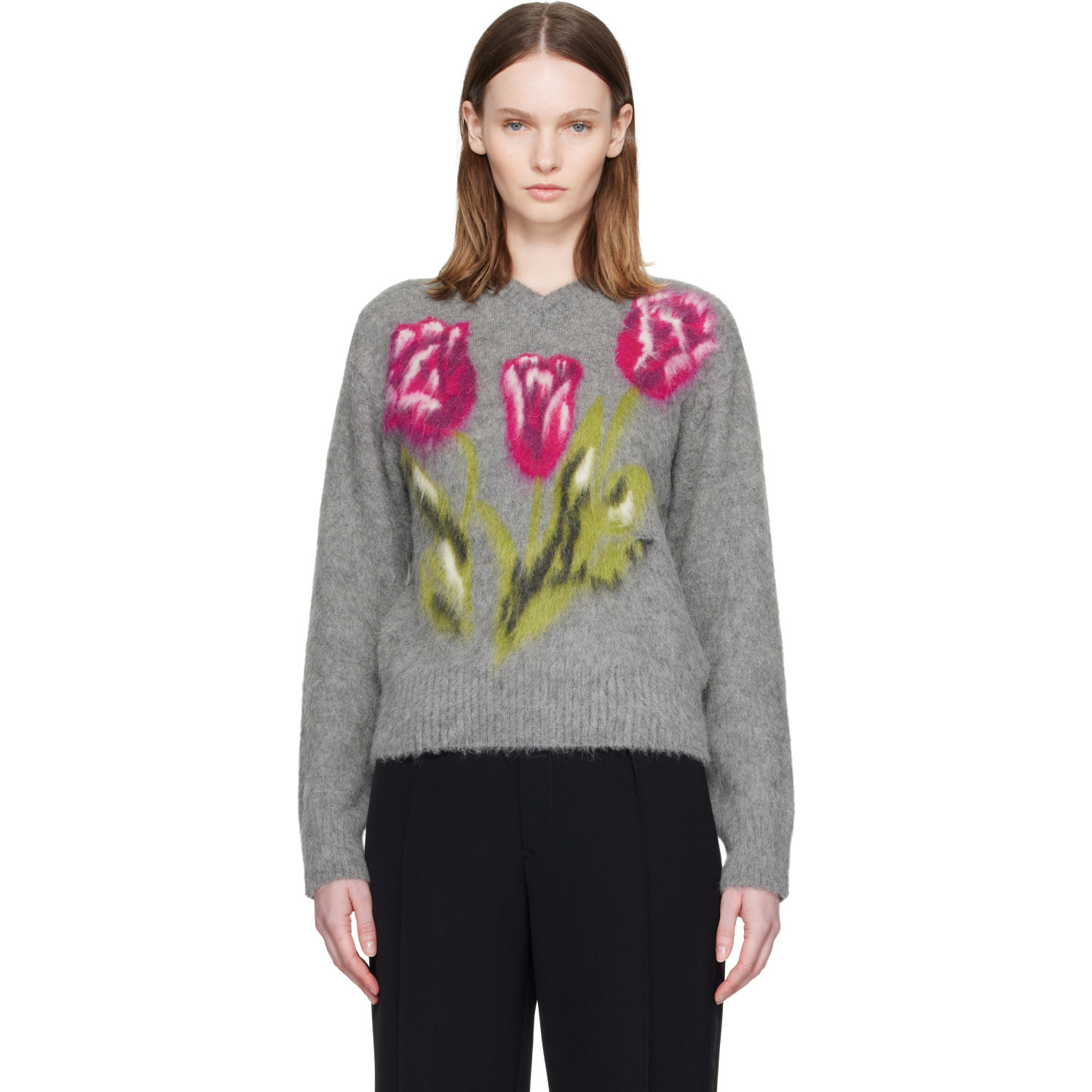 Maison Margiela Gray Brushed Alpaca V-Neck Sweater
