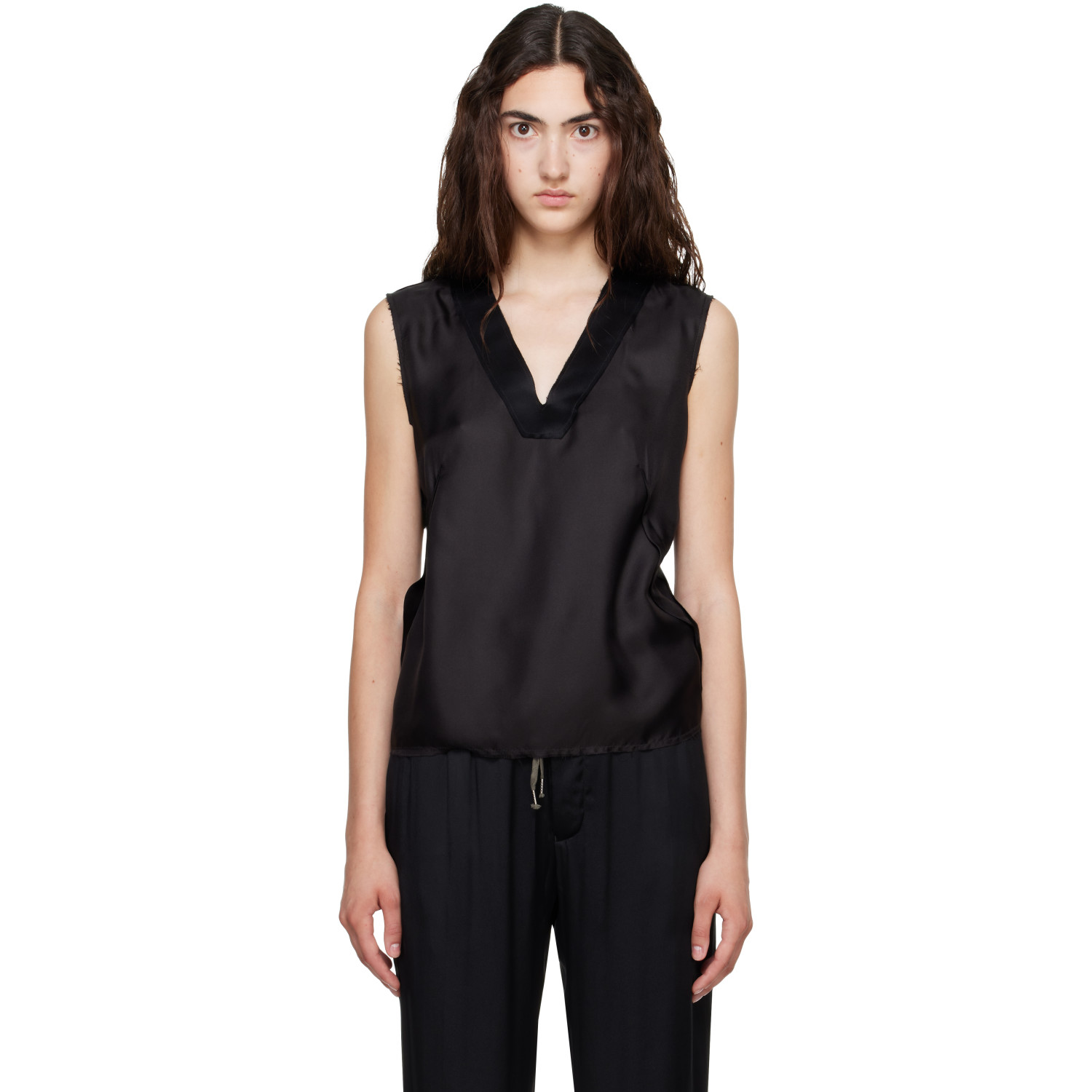 Maison Margiela Black Silk V-Neck Top