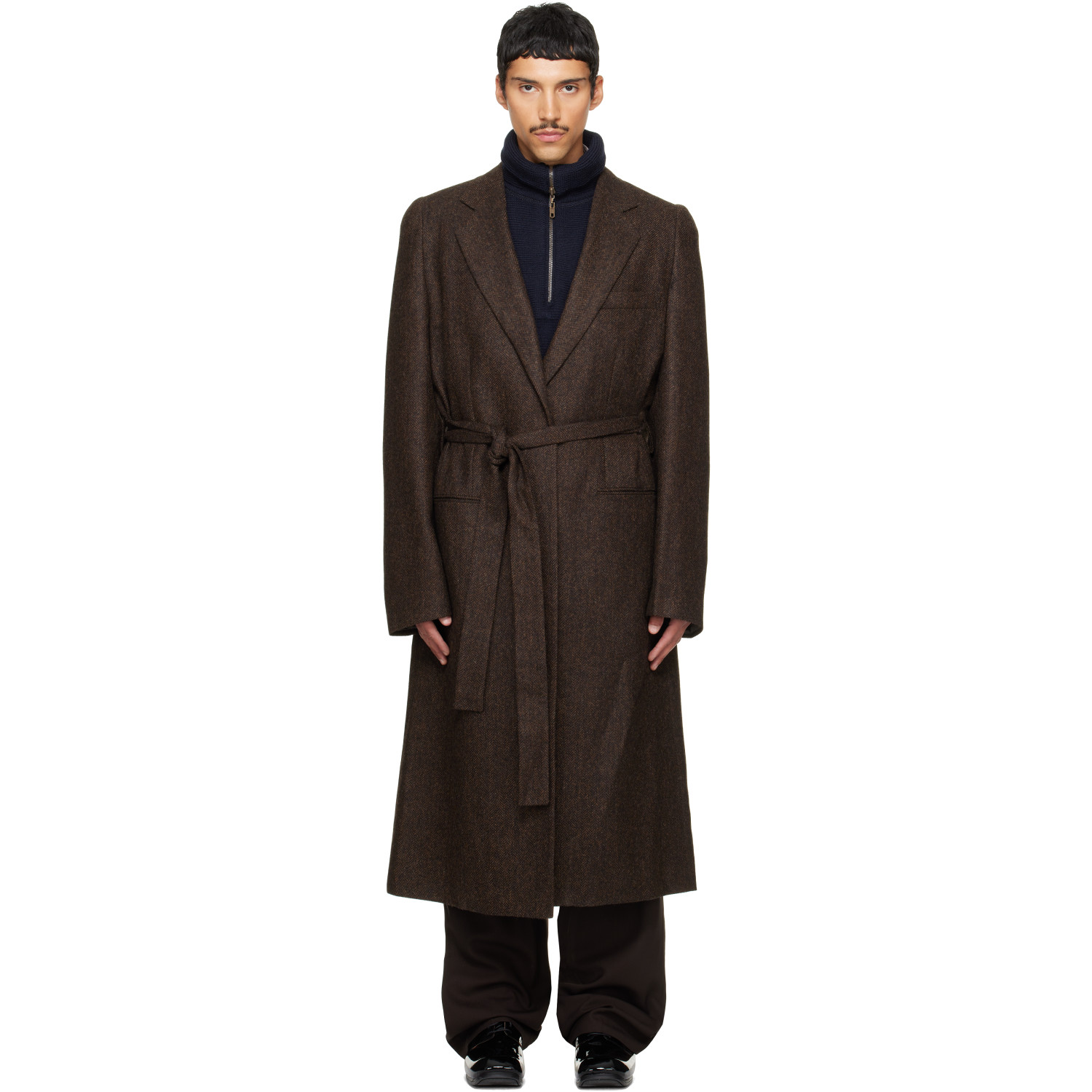 Maison Margiela Brown Belted Herringbone Wool Coat
