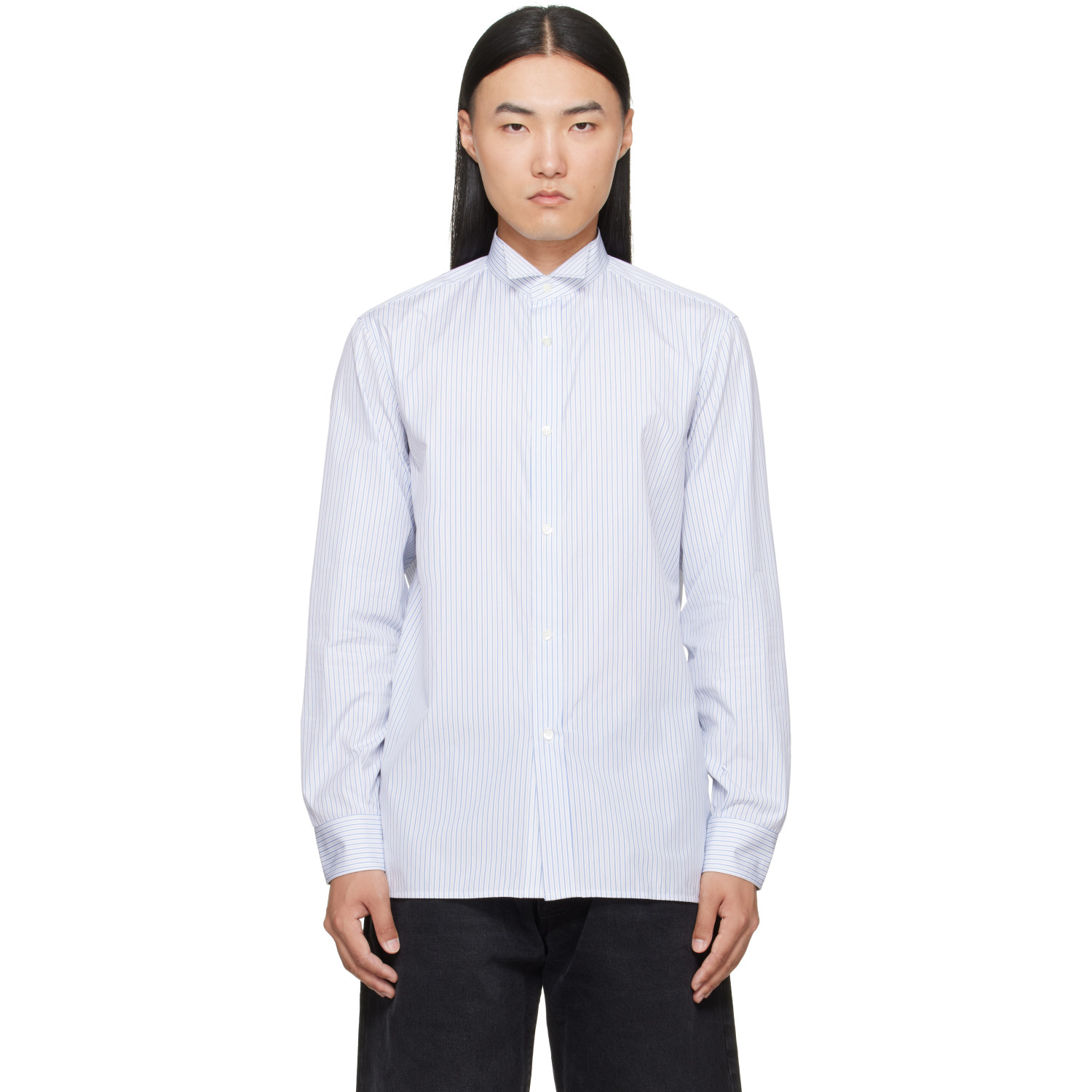 Maison Margiela White & Blue Striped Cotton Shirt