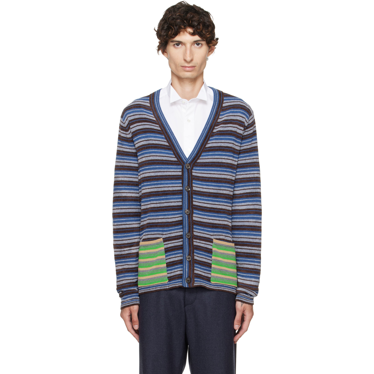 Maison Margiela Blue Striped Wool Cardigan