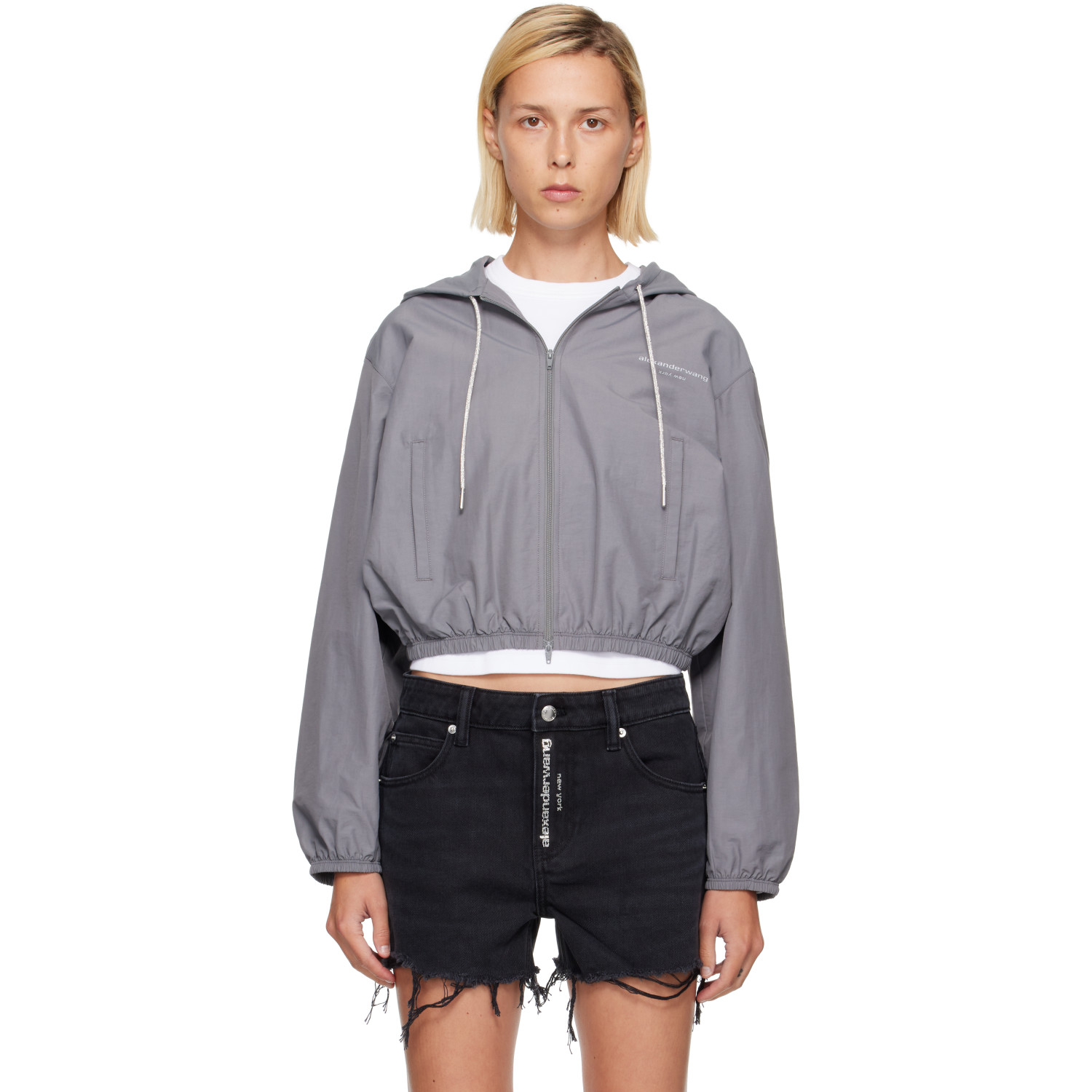 Alexander Wang Gray Shrunken Hoodie Rhinestone Drawcord Jacket